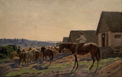 Horses Antique Painting Oil Canvas Landscape Midcentury Equestrian Farm Art 