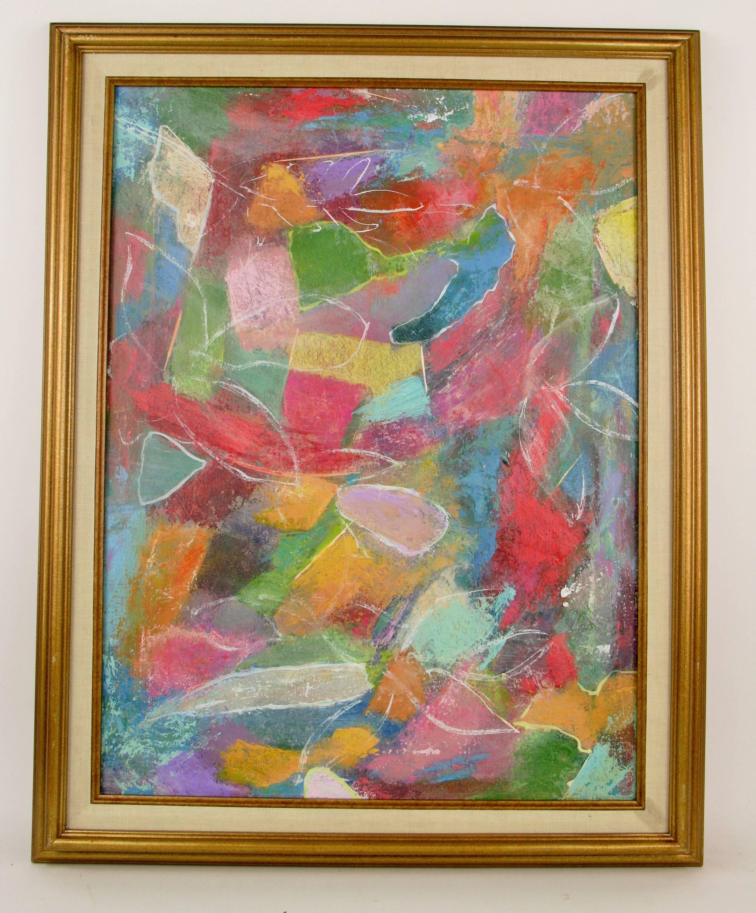 #5-2765a  A circa 1970's bold abstract acrylic on canvas set in a gilt wood frame  Signed verso by Zari