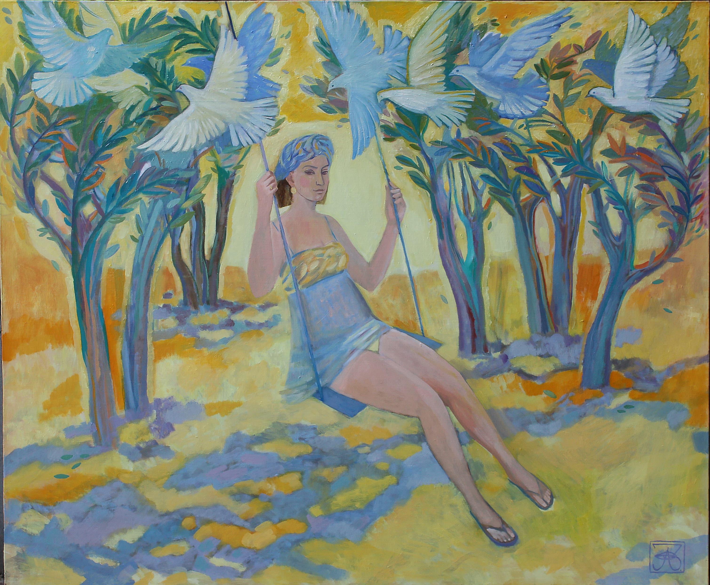 On the swing, 110x130 cm, acrylic on canvas - Art by Zarina Abisalova