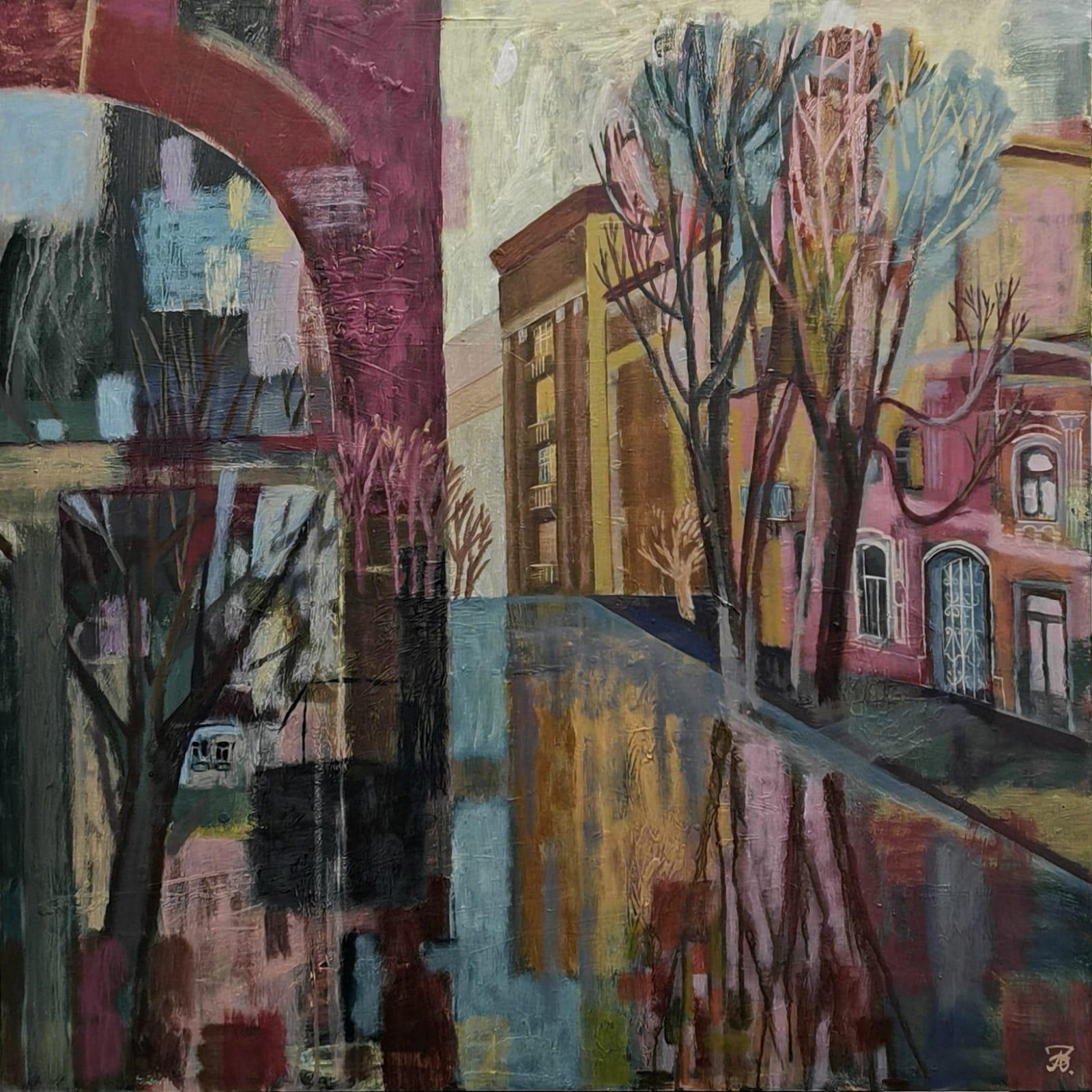 Street, 100 x 100 cm, acrylique sur toile - Art de Zarina Abisalova