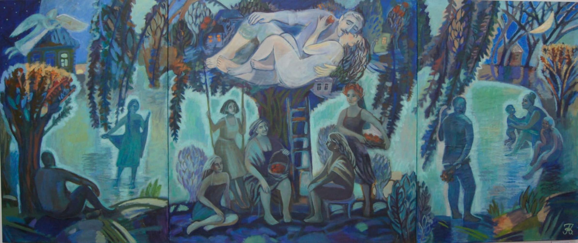 Triptychon "Großmutters Liebeserinnerungen", 100x240 cm, Acryl auf Leinwand