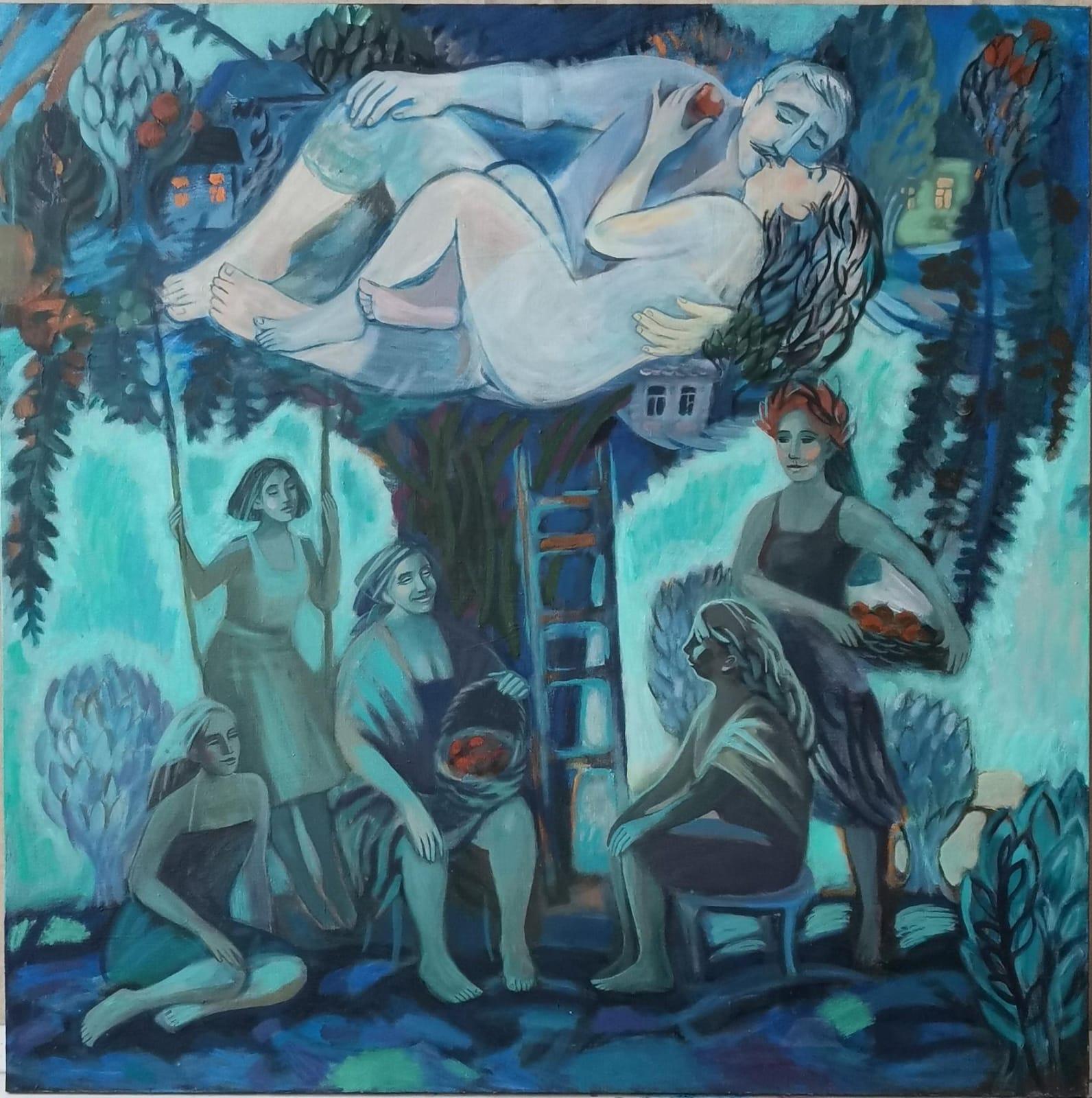 Triptychon. Grandmother's memories of love, 100x240cm, Acryl auf Leinwand im Angebot 1