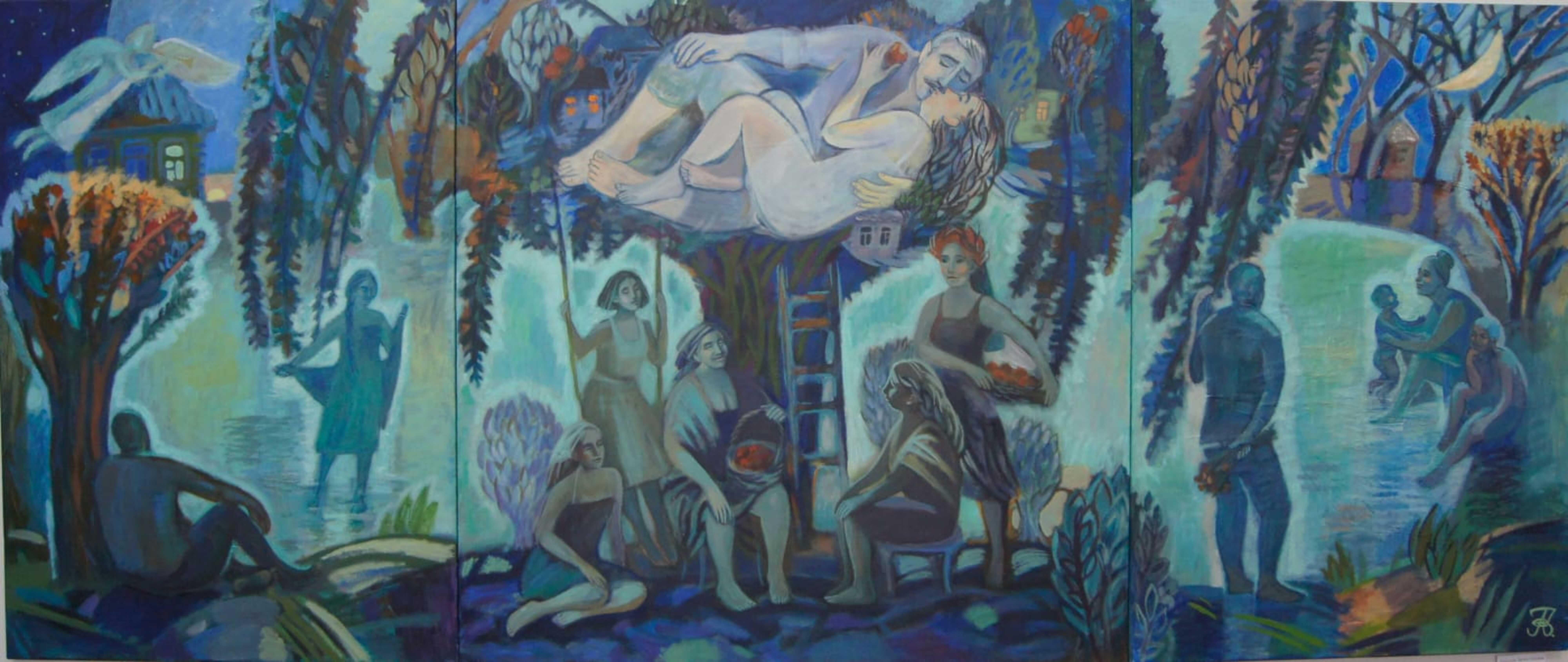 Triptych. Grandmother's memories of love, 100x240cm - Painting by Zarina Abisalova