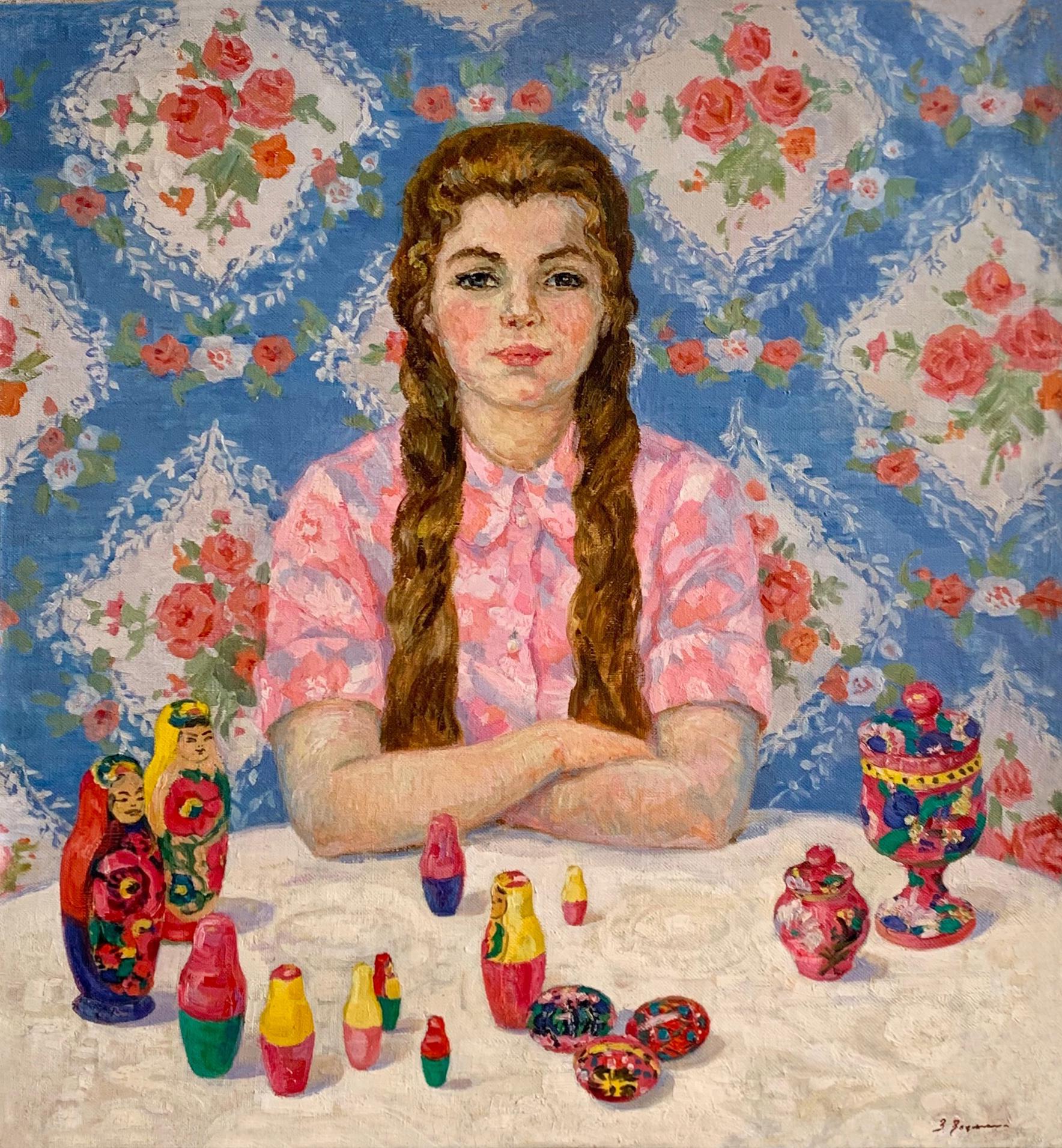 Russian Girl Portrait Oil Canvas Painting Soviet Vintage Art by Zatsepina Z. For Sale 3