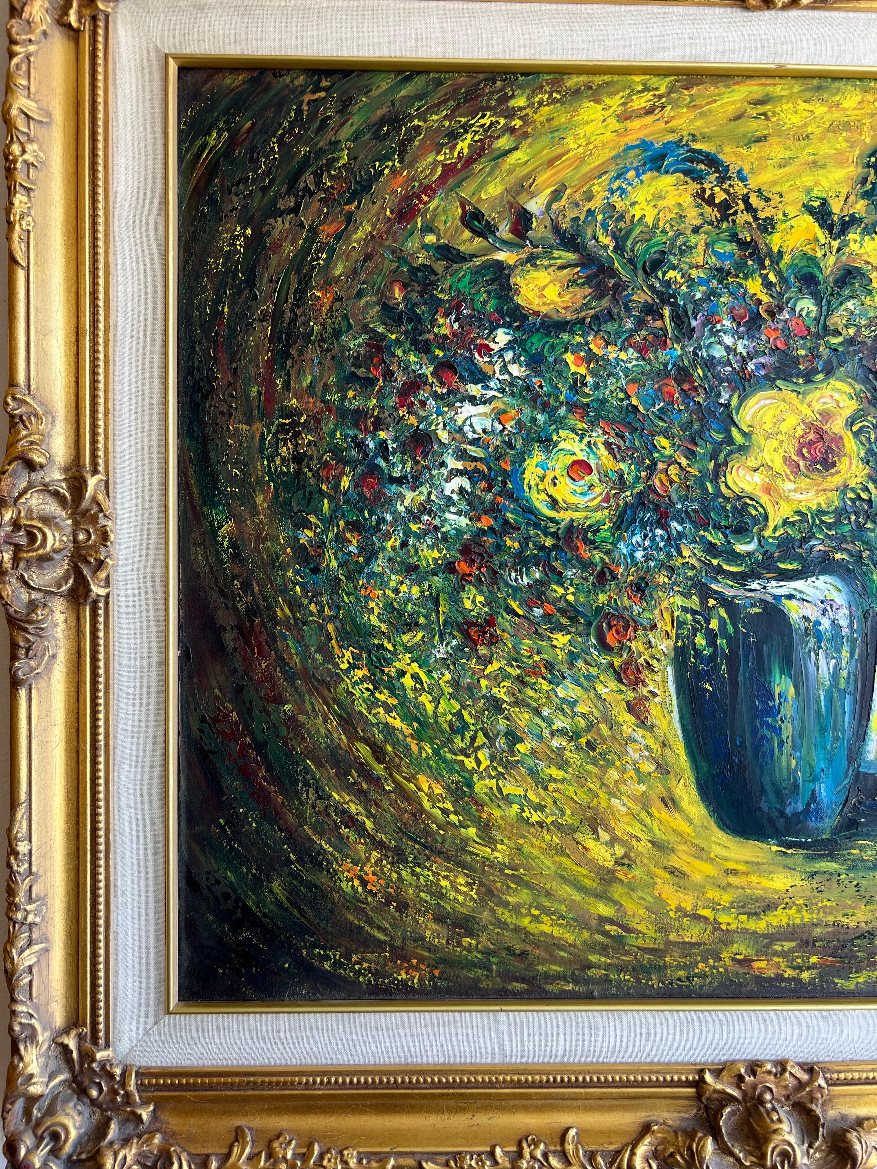Contemporize flowers yellow, flowers on canvas. Radiant Whirl of Blooms - Painting by Zaven Fodoulian