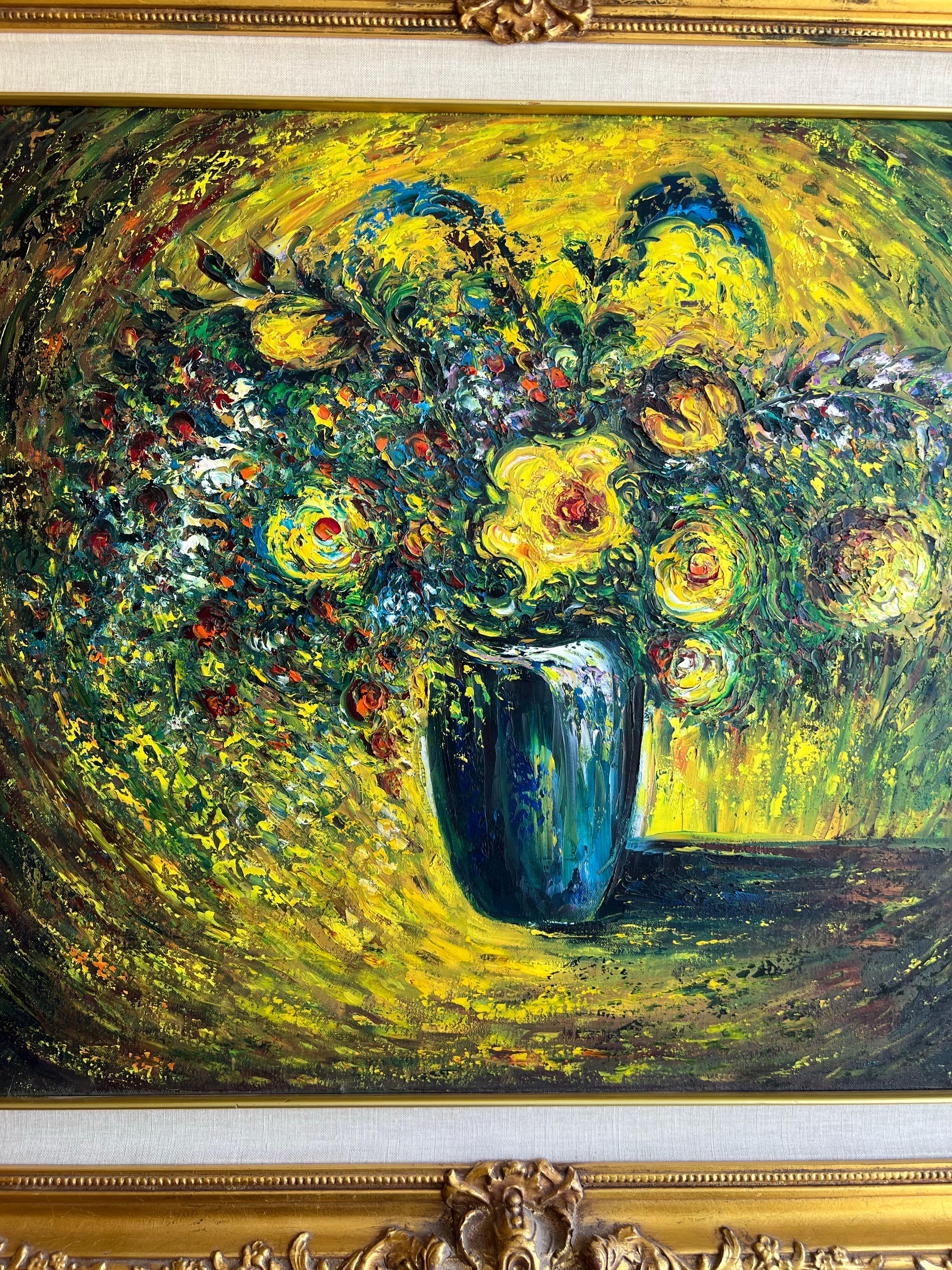 Contemporize flowers yellow, flowers on canvas. Radiant Whirl of Blooms - Modern Painting by Zaven Fodoulian