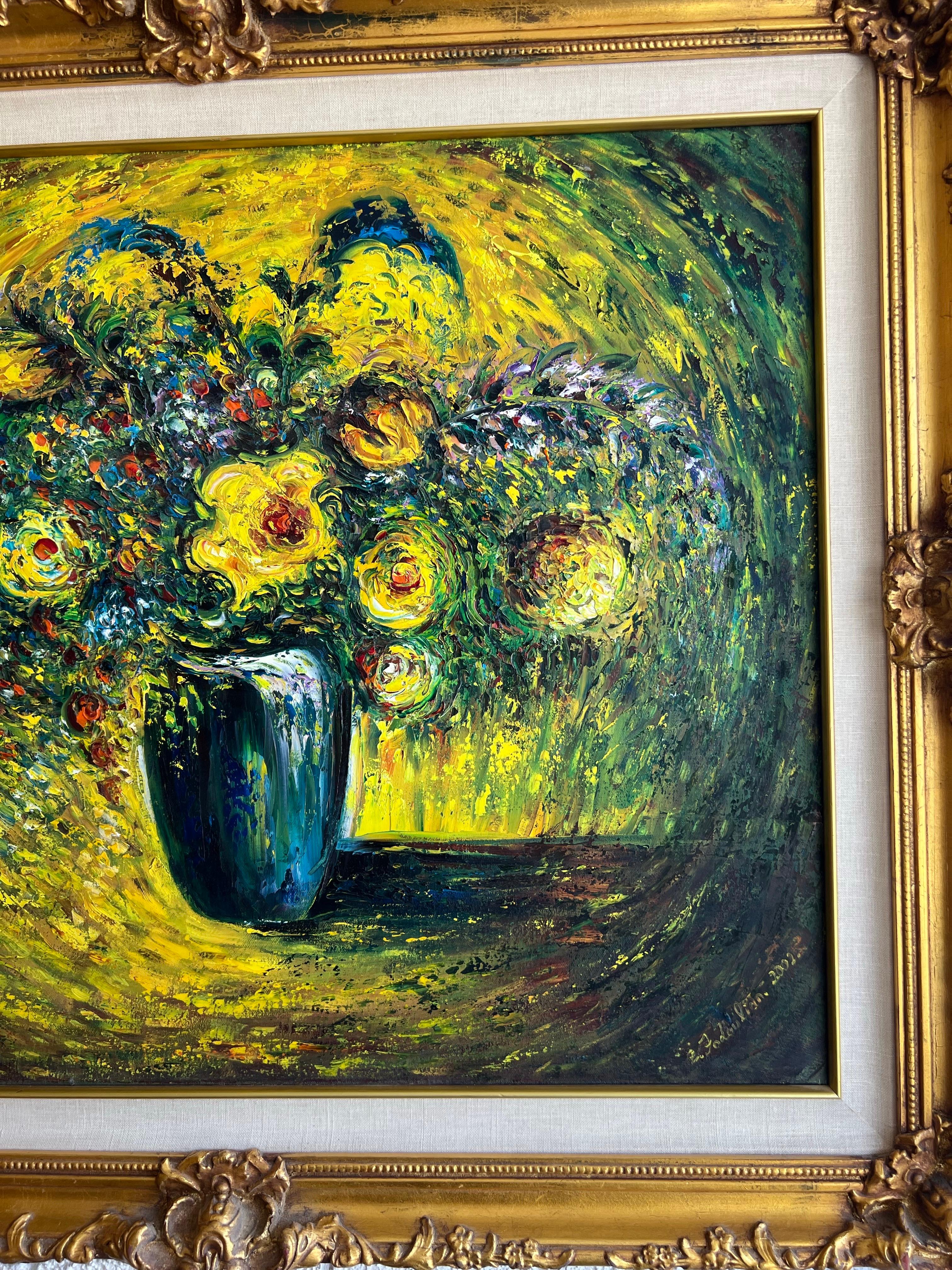 Contemporize flowers yellow, flowers on canvas. Radiant Whirl of Blooms - Black Still-Life Painting by Zaven Fodoulian