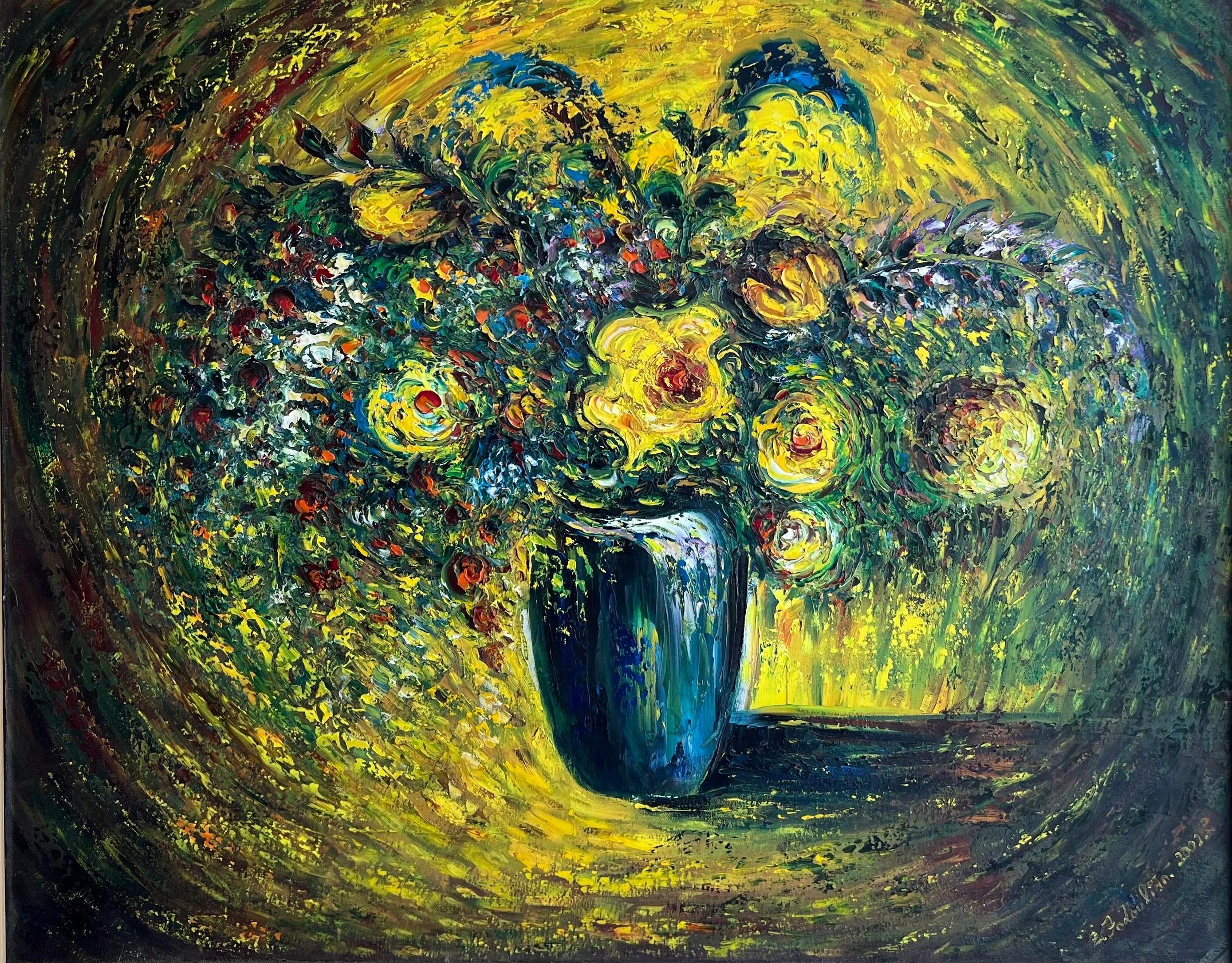 Zaven Fodoulian Still-Life Painting - Contemporize flowers yellow, flowers on canvas. Radiant Whirl of Blooms