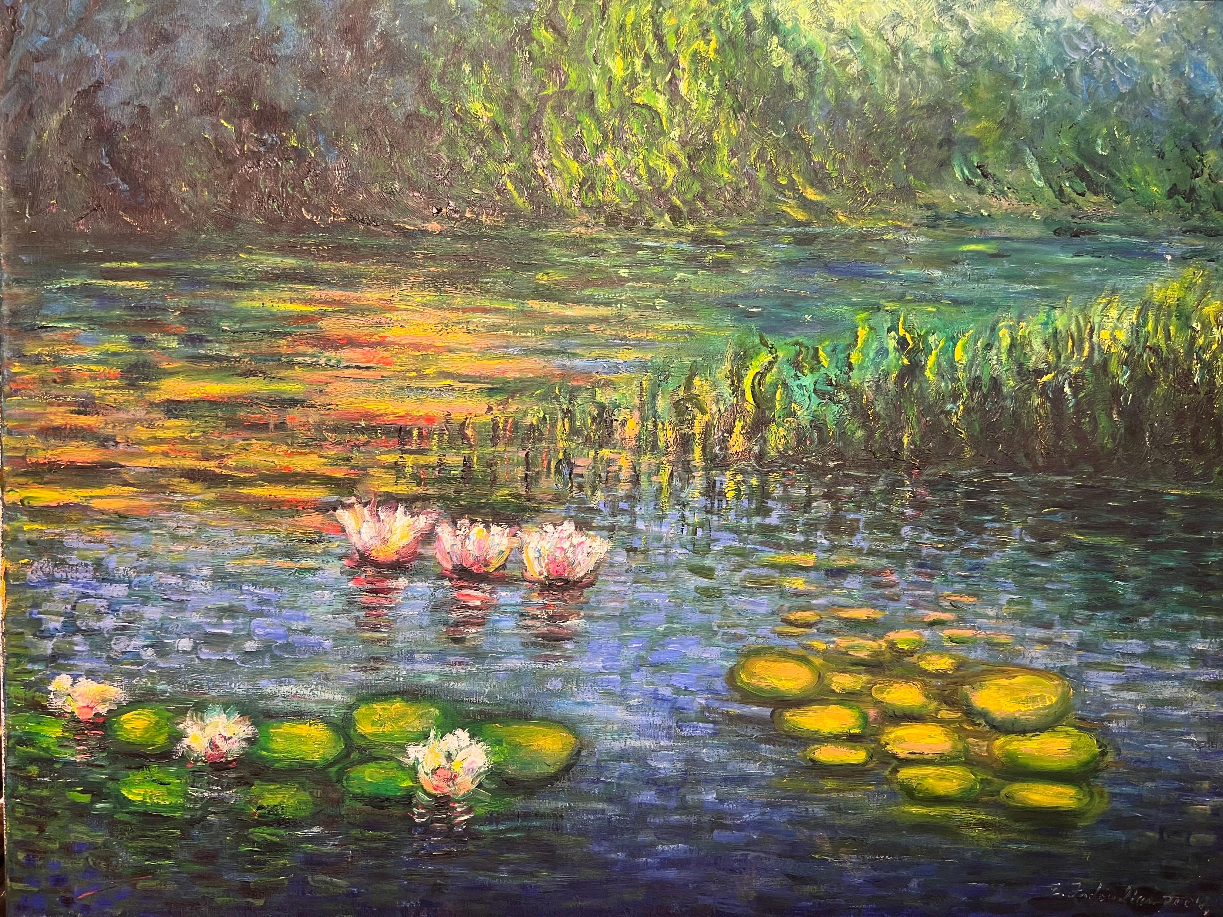 Tanz der Lilien, zeitgenössisches Ölgemälde mit Lilien. (Grau), Still-Life Painting, von Zaven Fodoulian