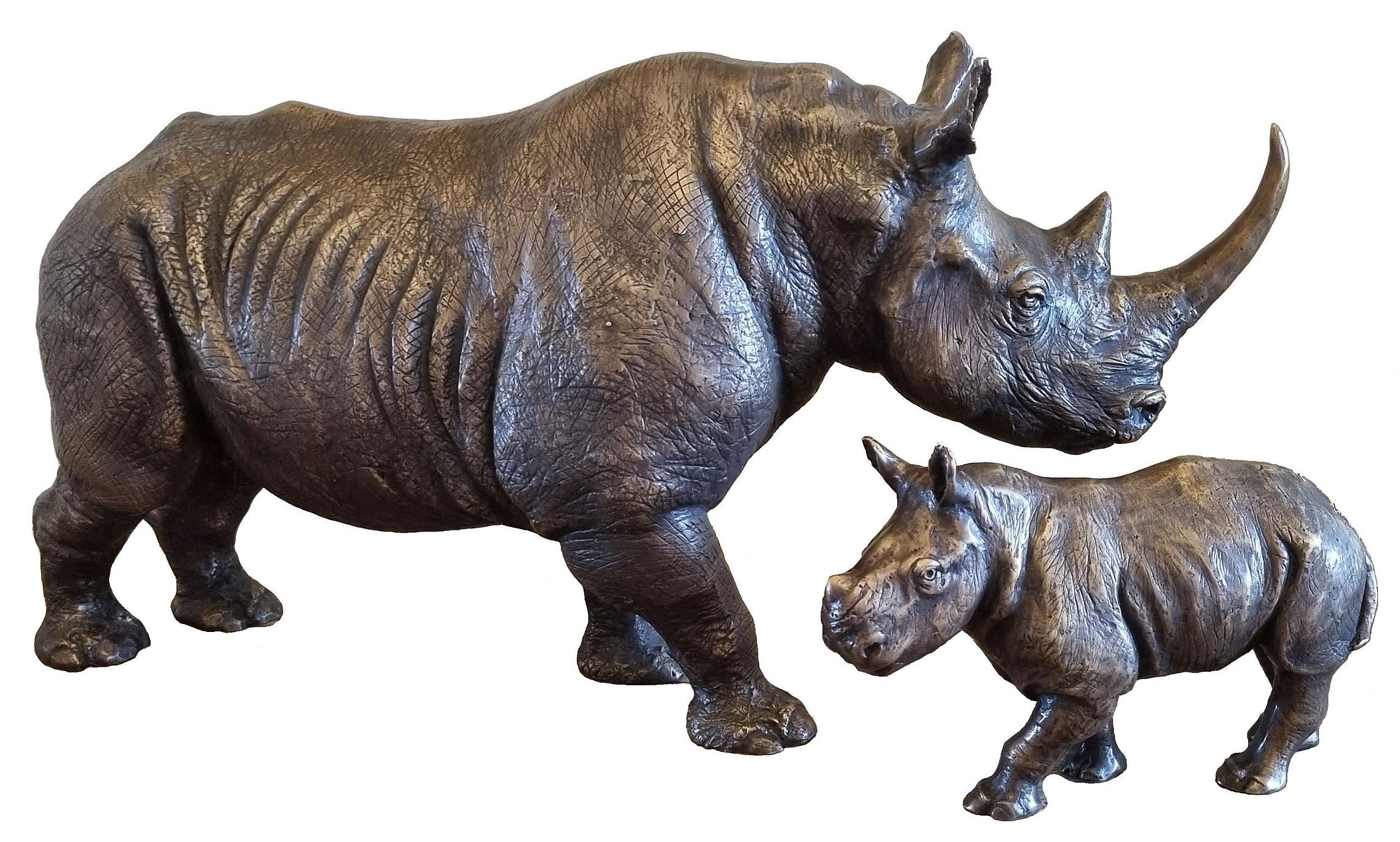 Bronze rhino and baby sculpture - Sculpture by Zawadi
