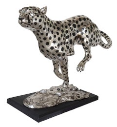 Silver-plated bronze cheetah running sculpture