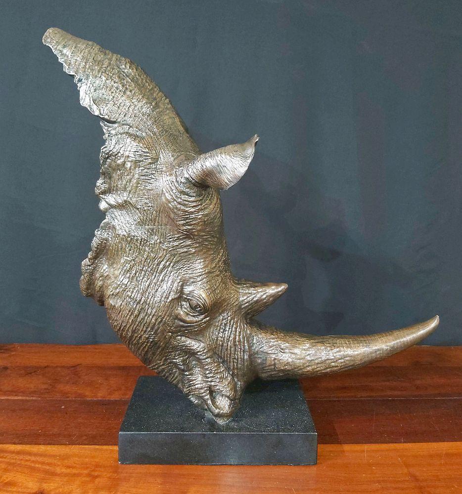 Questa scultura in bronzo a forma di testa di rinoceronte di Zawadi è stata dedicata alla celebrazione della 
