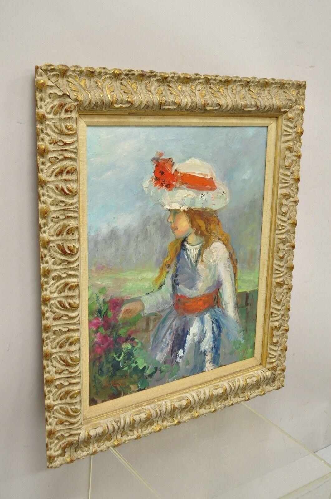 Zaza Meuli, huile sur toile encadrée - Jeune fille impressionniste au chapeau avec nœud orange en vente 5