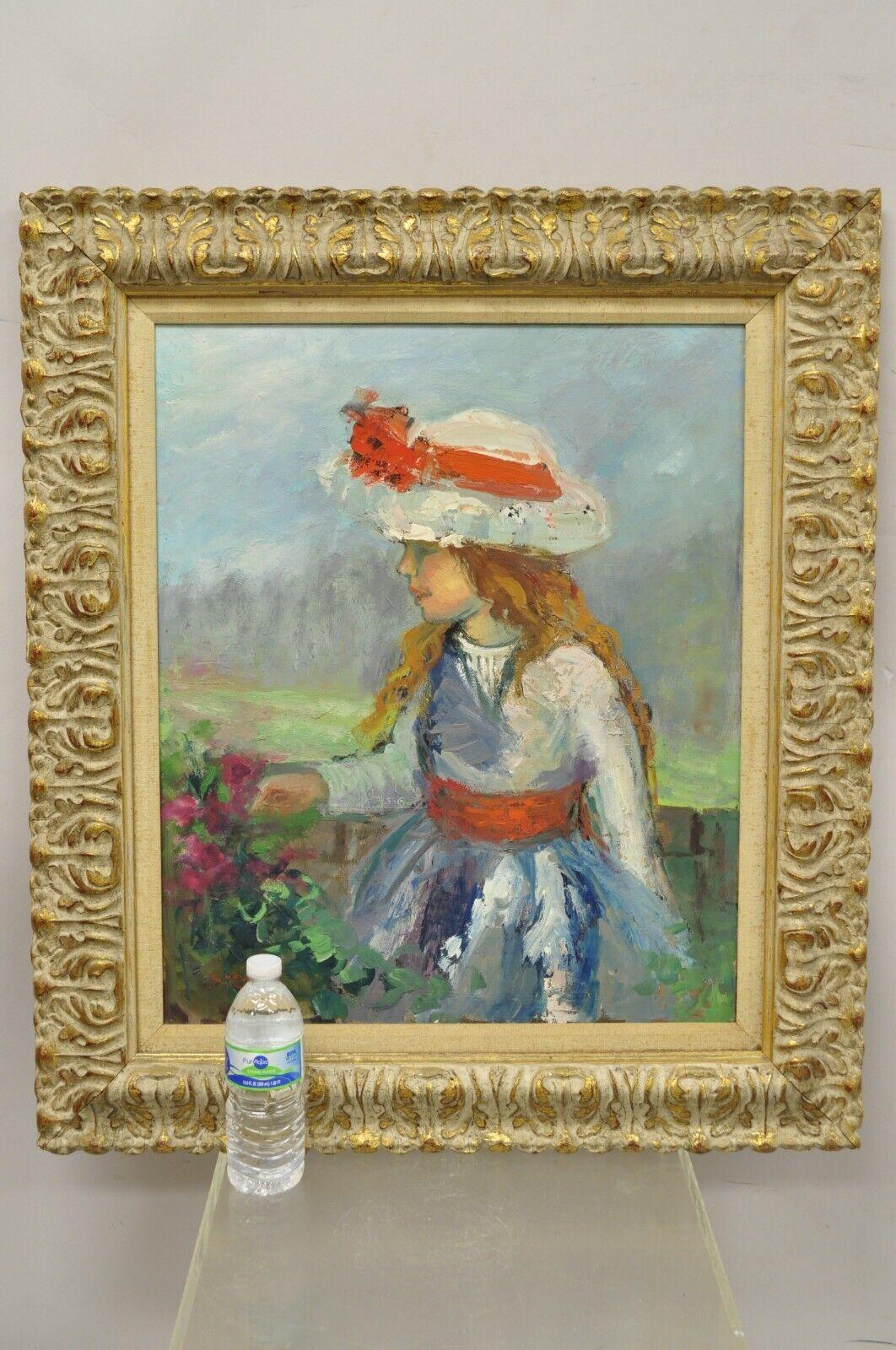 Zaza (Meuli) Milieu (Born 1892) Oil on Canvas Framed Impressionist Girl in Hat with Orange Bow with Flowers. Item features wonderful color and impressionist form, distressed gold giltwood frame, 