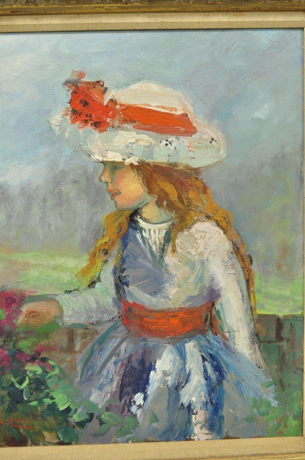 Expressionist Zaza Meuli, Oil on Canvas Framed Impressionist Girl in Hat with Orange Bow For Sale