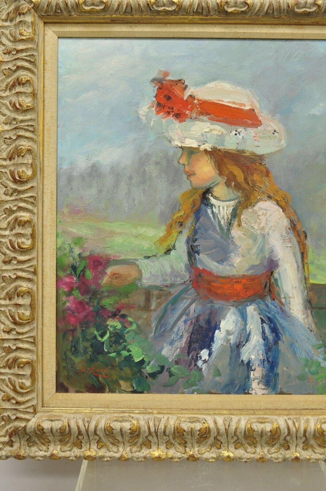 Oiled Zaza Meuli, Oil on Canvas Framed Impressionist Girl in Hat with Orange Bow For Sale
