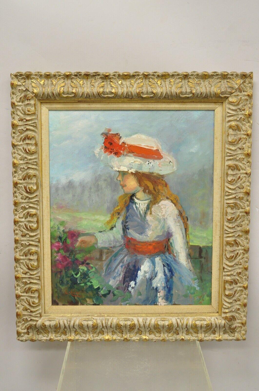 Zaza Meuli, huile sur toile encadrée - Jeune fille impressionniste au chapeau avec nœud orange en vente 2