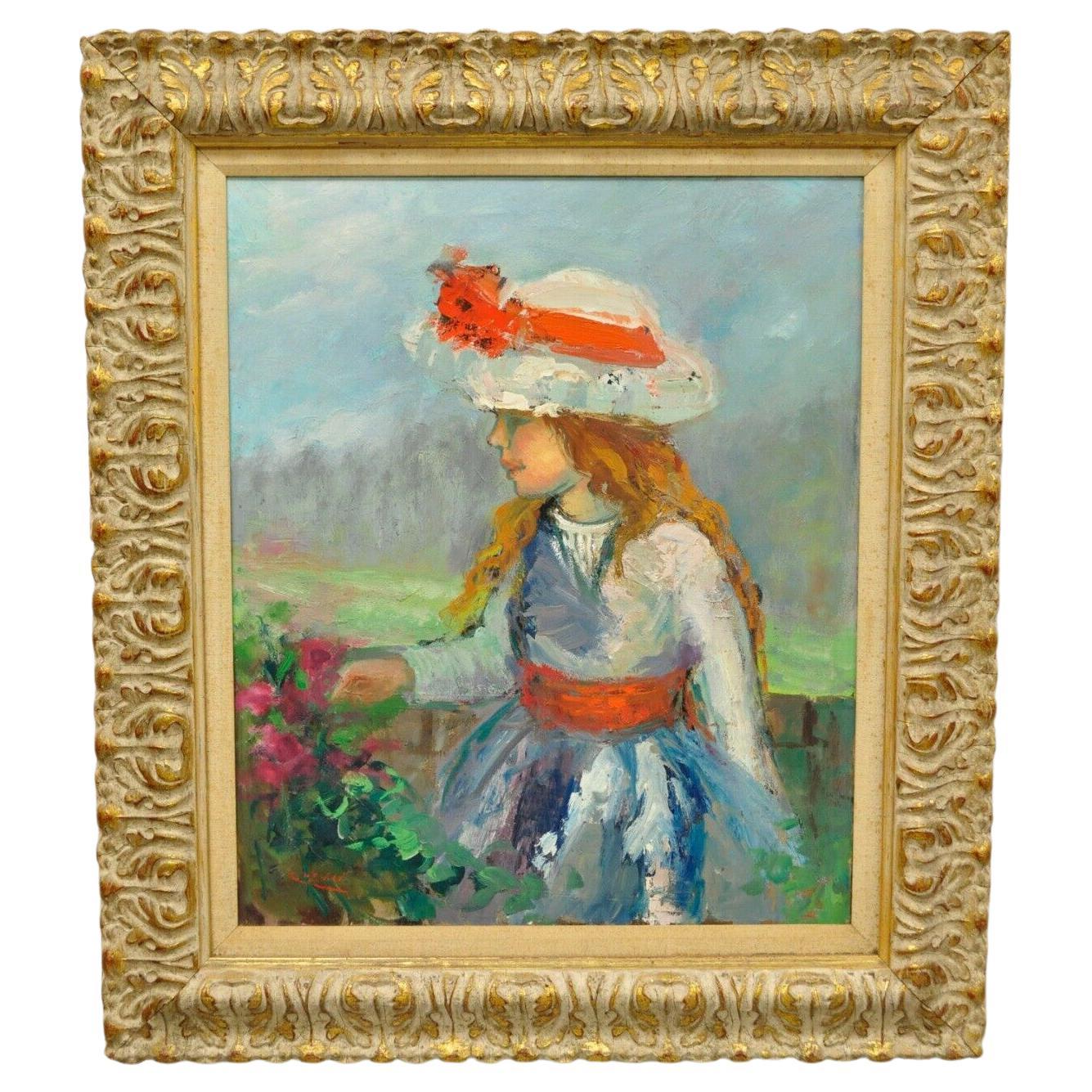 Zaza Meuli, huile sur toile encadrée - Jeune fille impressionniste au chapeau avec nœud orange en vente