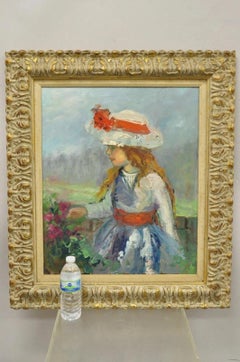 Zaza Meuli (b. 1892) Oil on Canvas Impressionist Painting Girl in Hat Orange Bow
