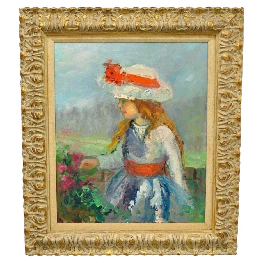 Zaza Meuli (b. 1892) Oil on Canvas Impressionist Painting Girl in Hat Orange Bow For Sale