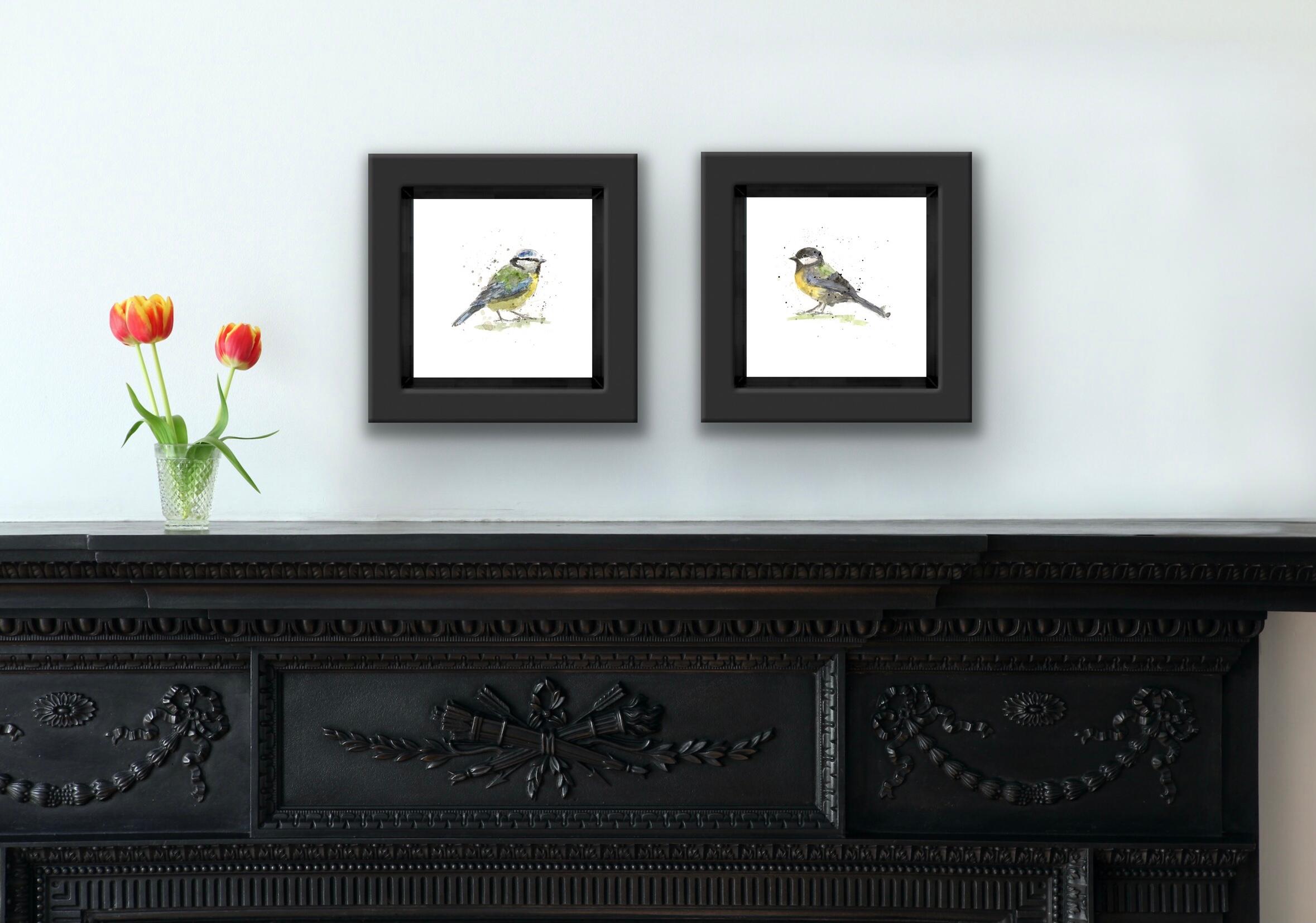 Blue Tit and Great Tit Diptych - Gray Figurative Print by Zaza Shelley