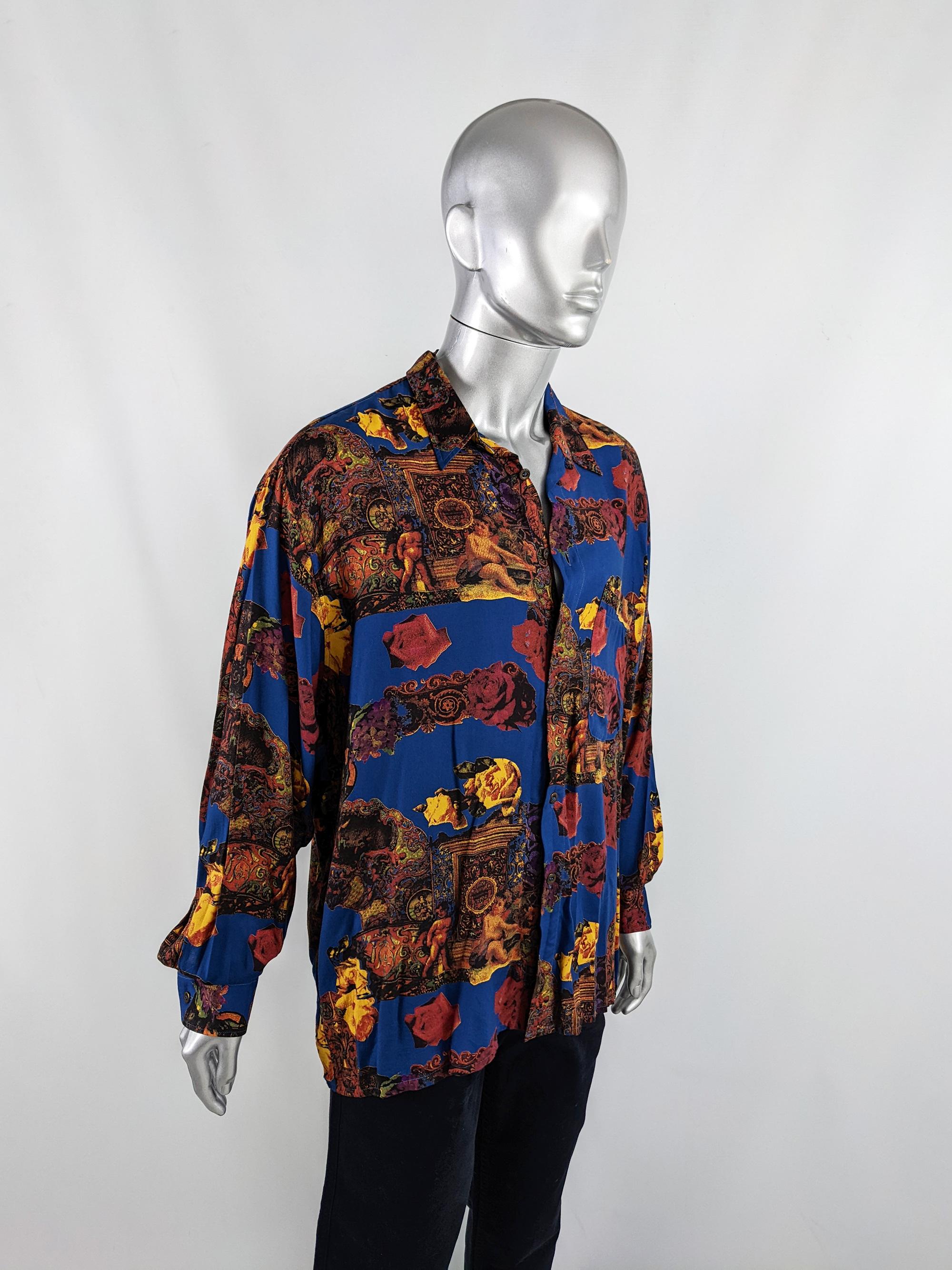 Black Zazzi Vintage Mens Neoclassical Cherub Print Blue Rayon Long Sleeve Shirt, 1980s