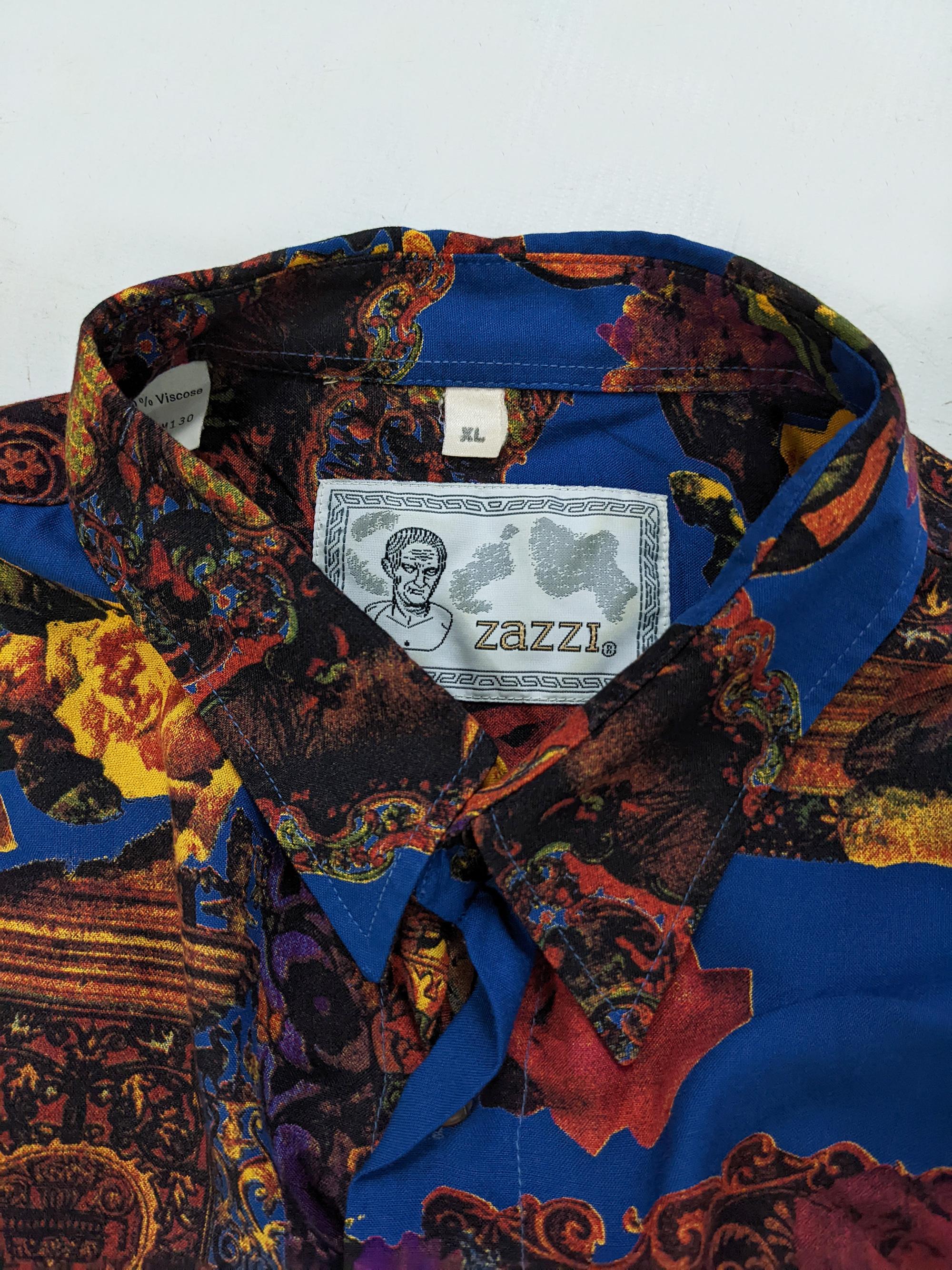 Men's Zazzi Vintage Mens Neoclassical Cherub Print Blue Rayon Long Sleeve Shirt, 1980s