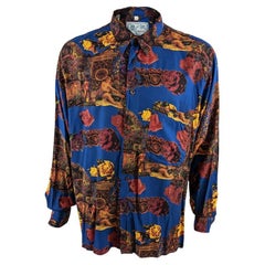 Zazzi Vintage Mens Neoclassical Cherub Print Blue Rayon Long Sleeve Shirt, 1980s