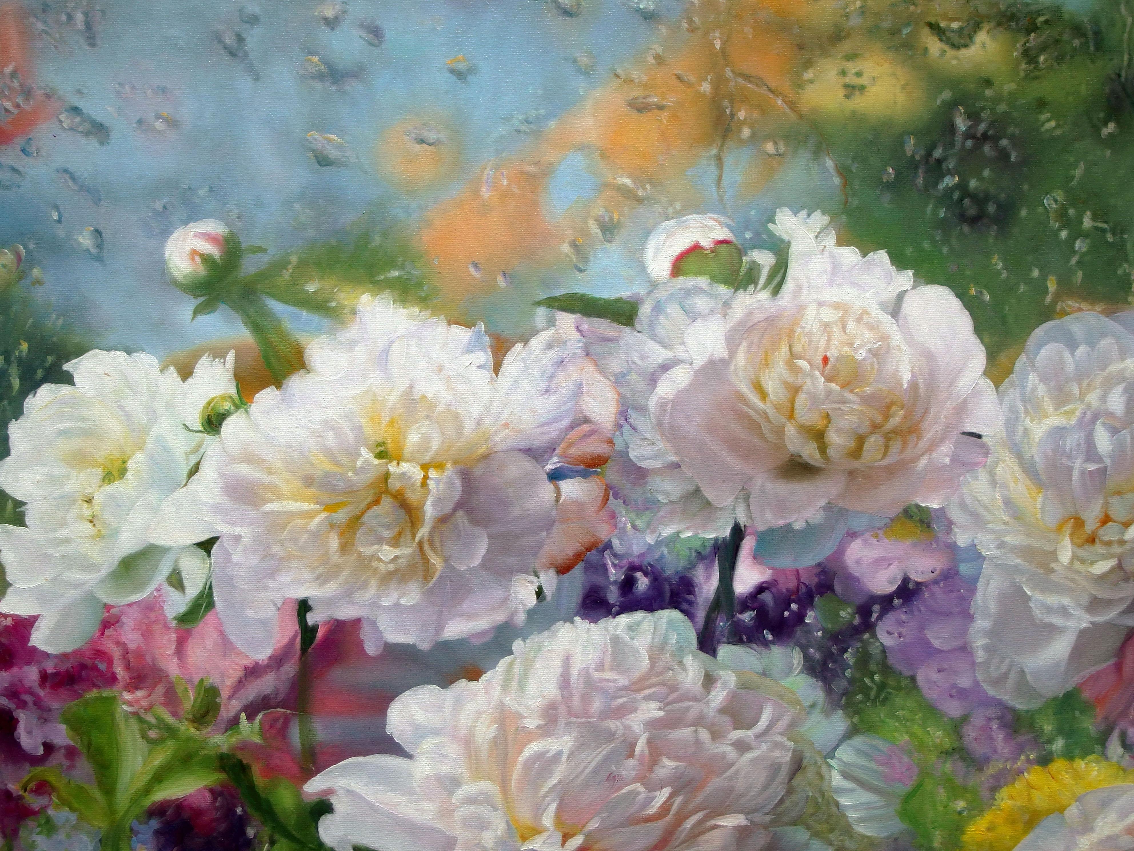 After The Rain Still Life With Peonies Oil painting - Painting by Zbigniew Kopania