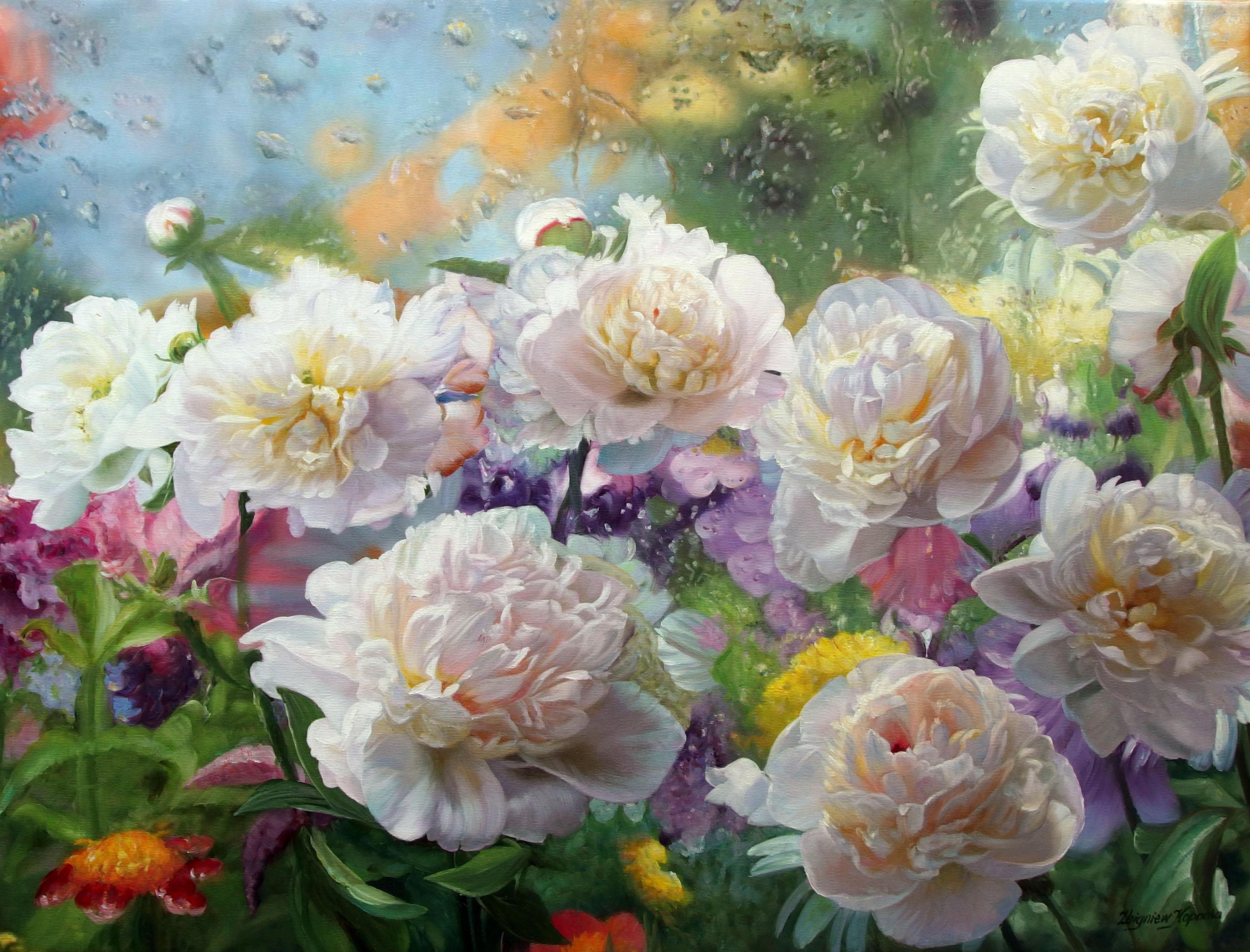 Zbigniew Kopania Figurative Painting - After The Rain Still Life With Peonies Oil painting