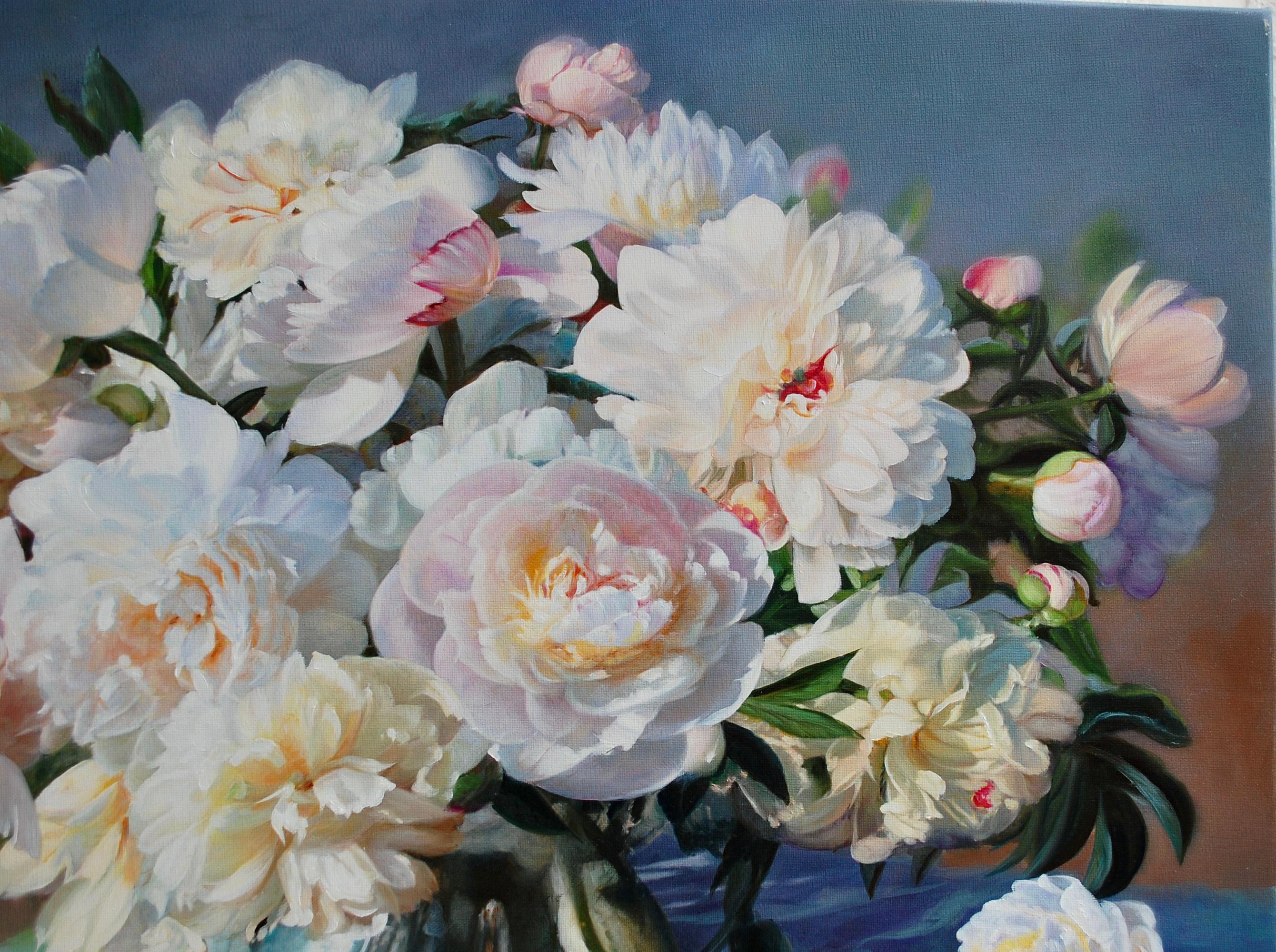  Peonies In A Silver Vase Still Life Oil Painting For Sale 1