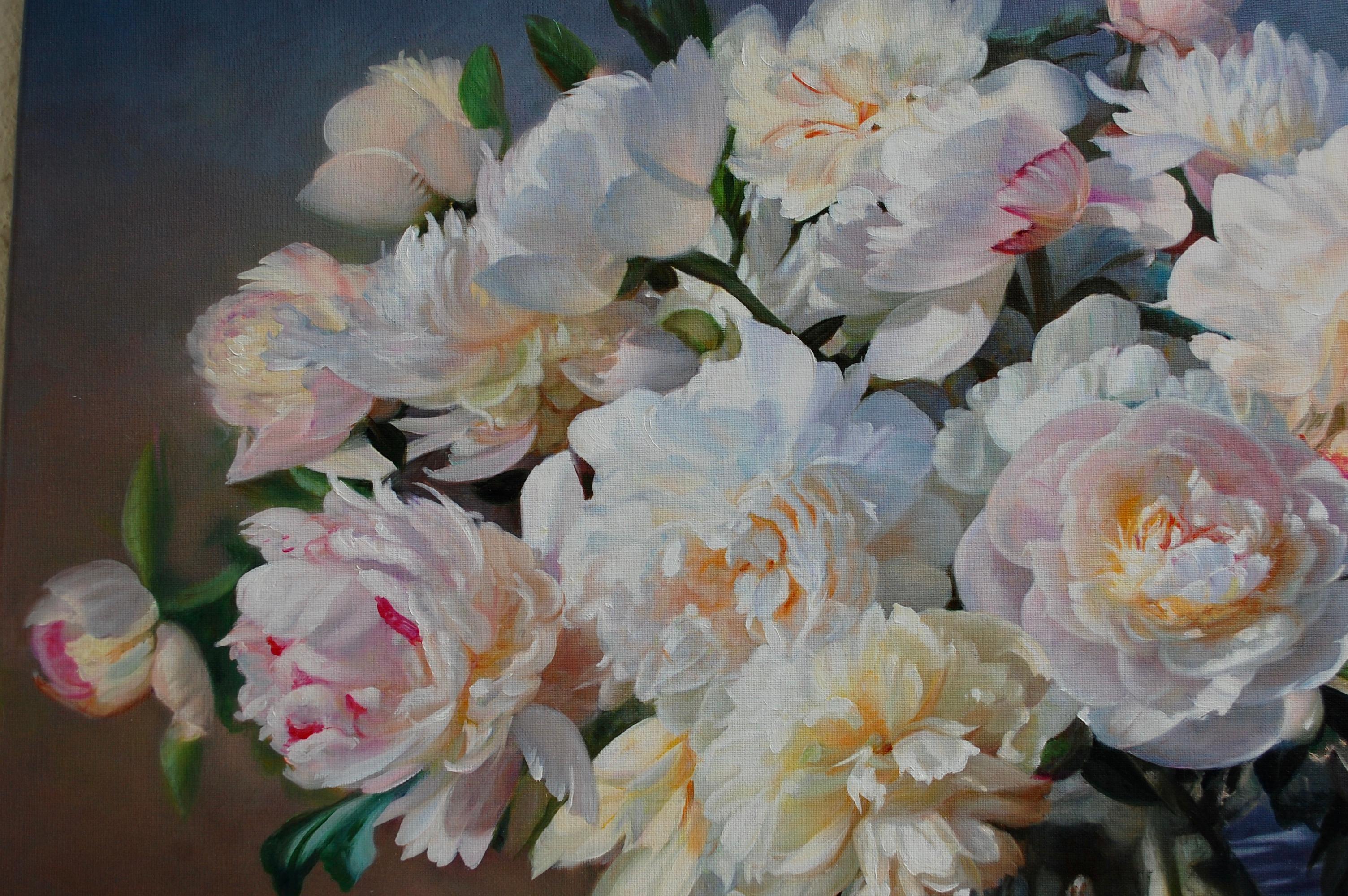  Peonies In A Silver Vase Still Life Oil Painting For Sale 2