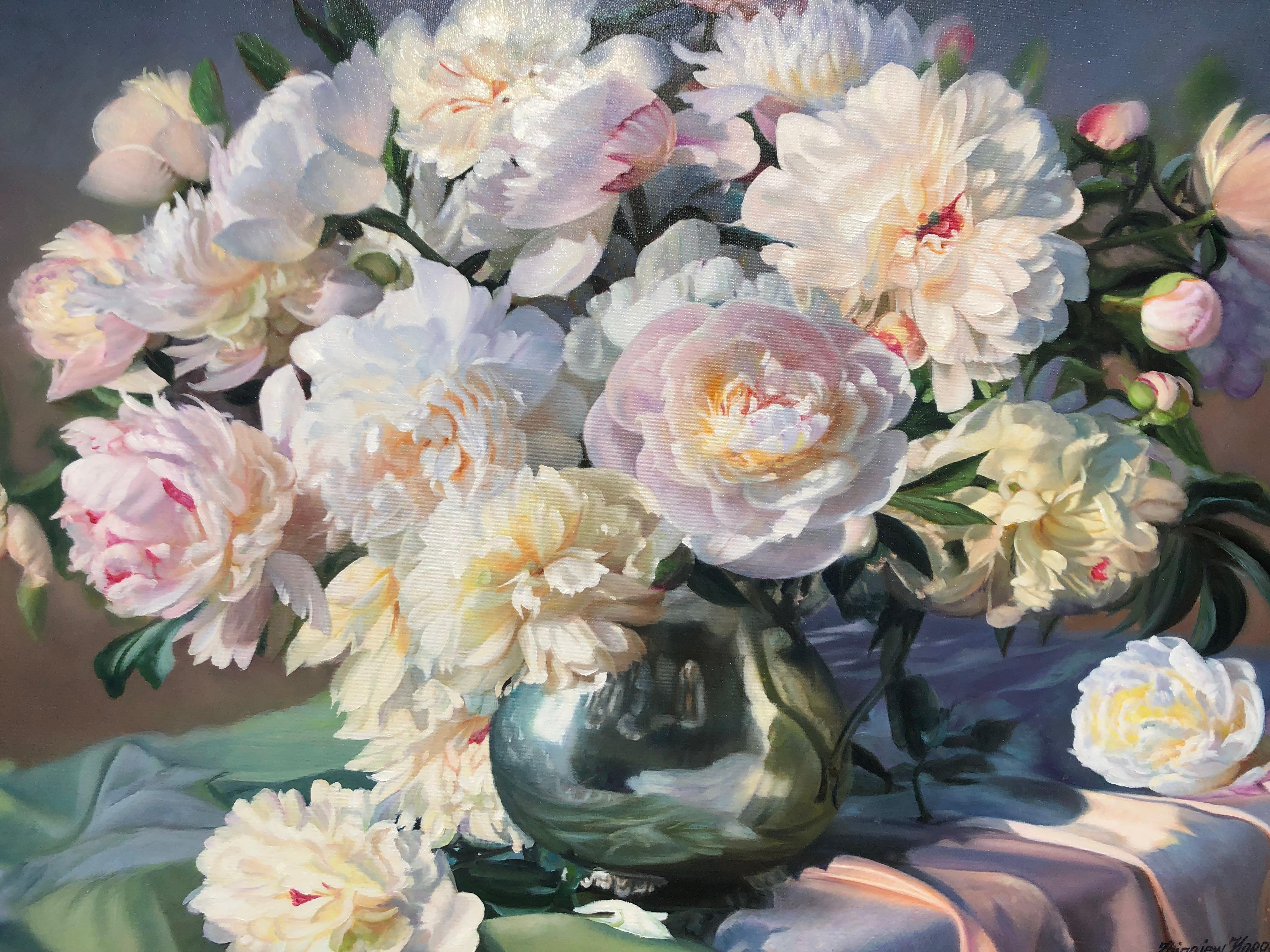  Peonies In A Silver Vase Still Life Oil Painting For Sale 4