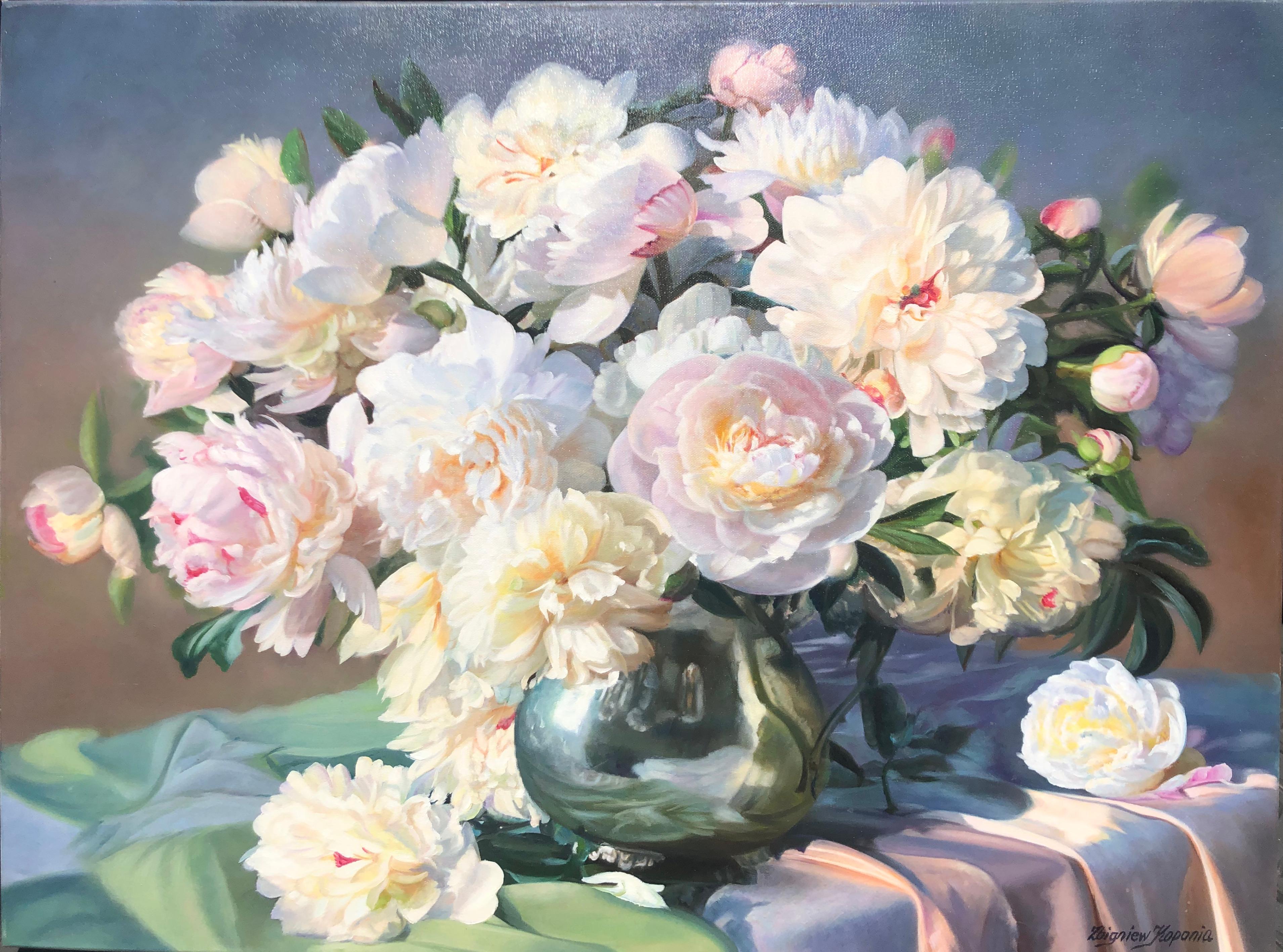 Zbigniew Kopania Still-Life Painting -  Peonies In A Silver Vase Still Life Oil Painting
