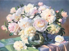 White And Pink Peonies In A Silver Vase