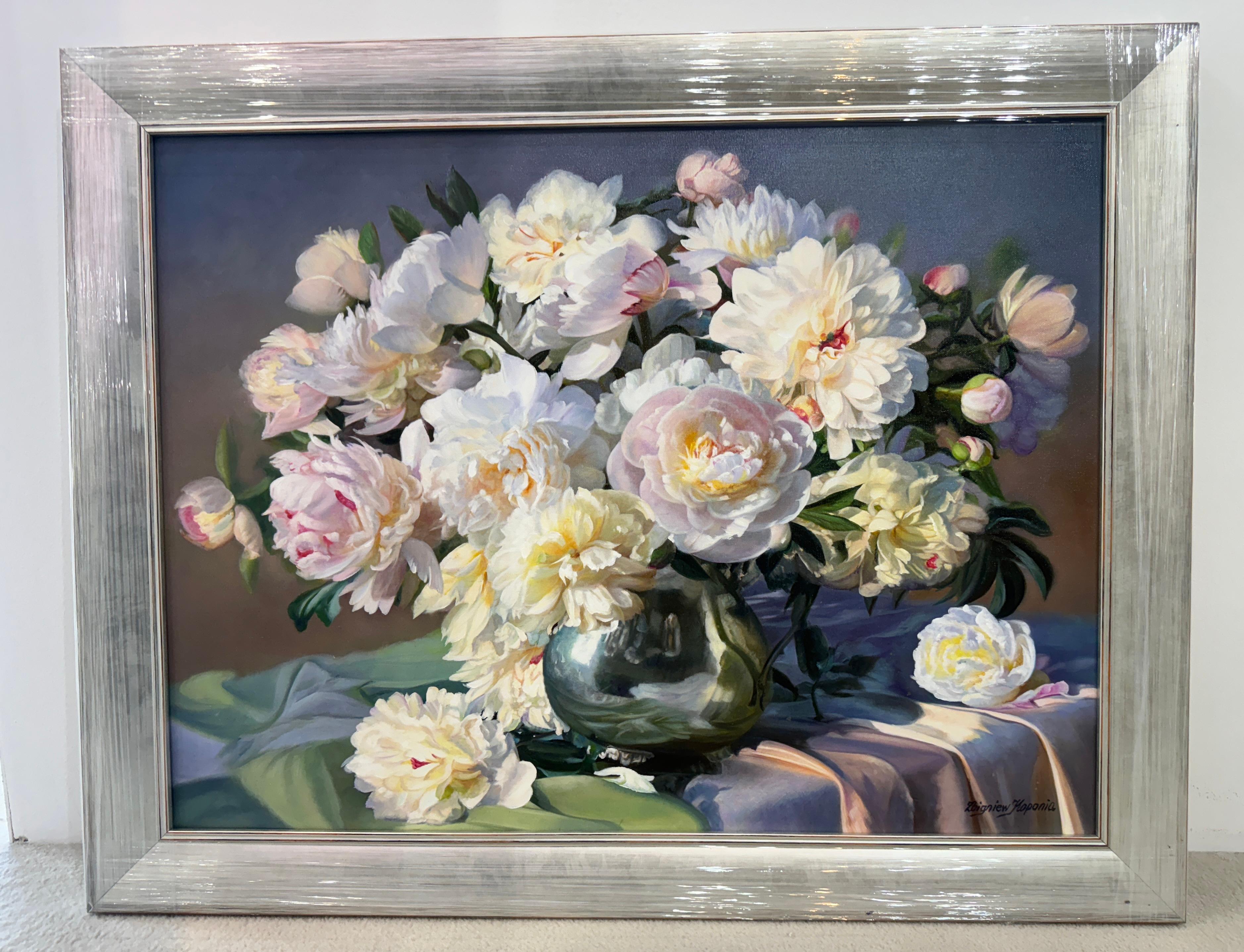  Peonies In A Silver Vase Still Life Oil Painting For Sale 8