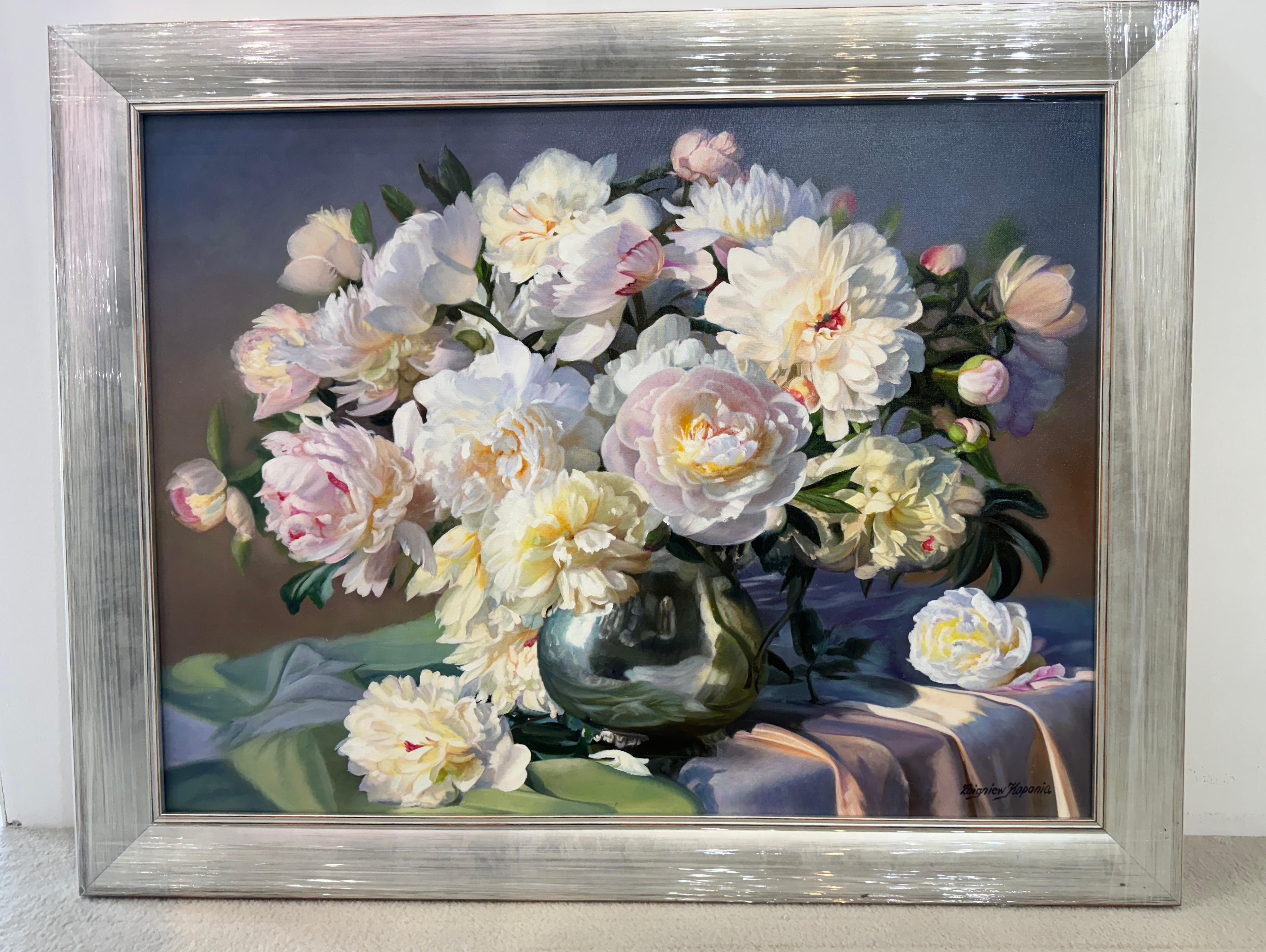  Peonies In A Silver Vase Still Life Oil Painting For Sale 9