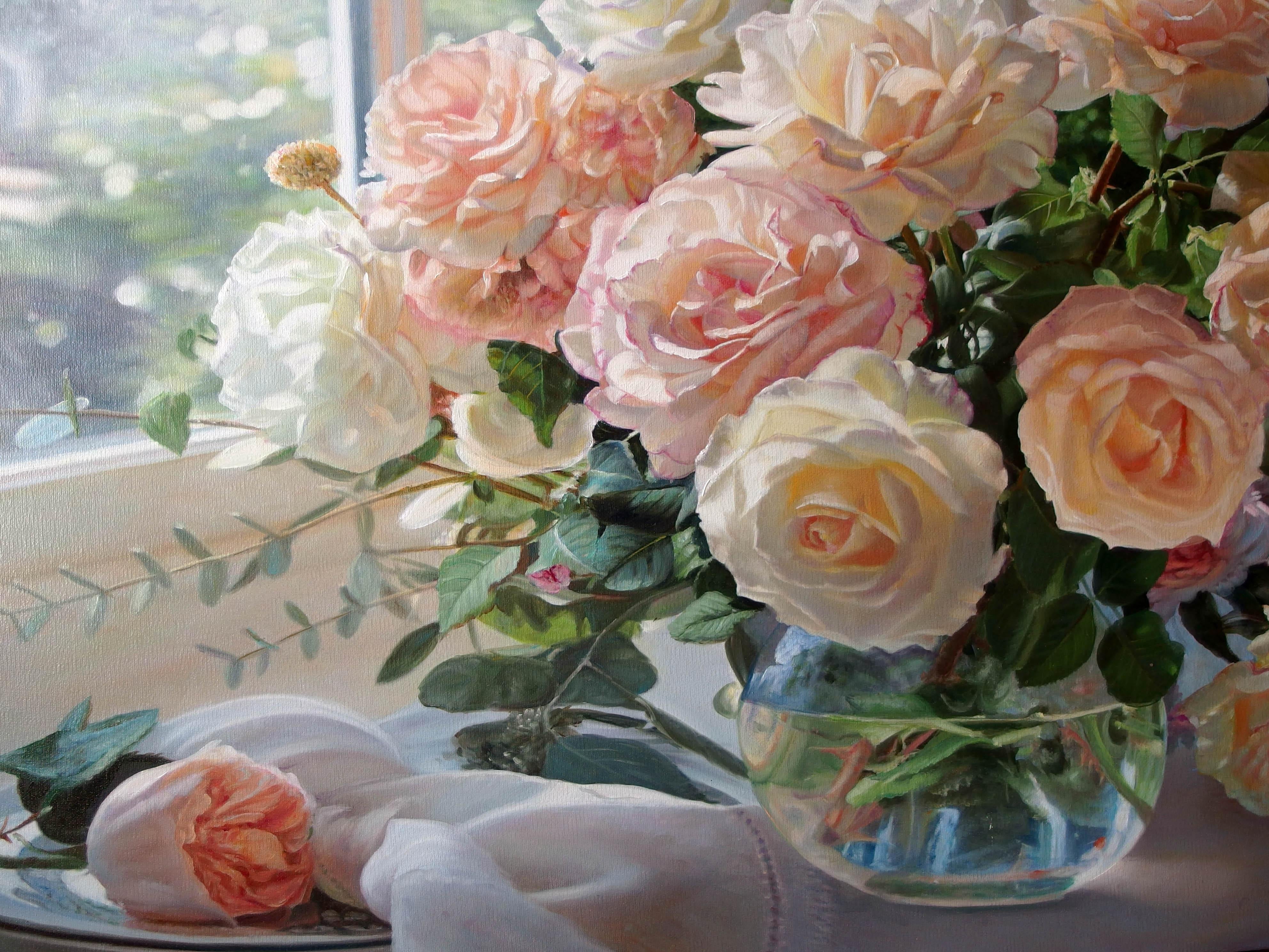 Roses In The Window Oil On Canvas - Painting by Zbigniew Kopania