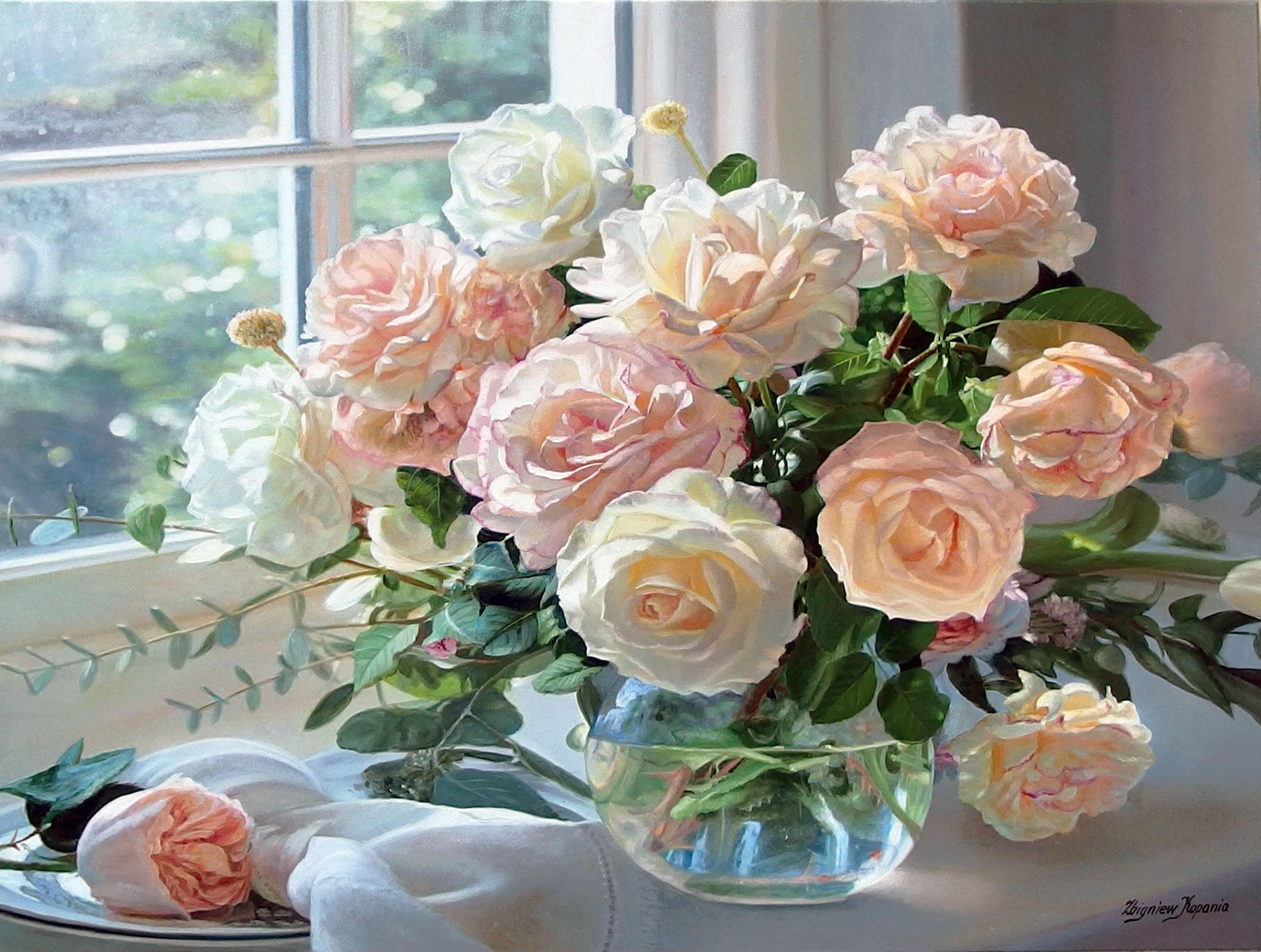 Zbigniew Kopania Still-Life Painting - Roses In The Window Oil On Canvas