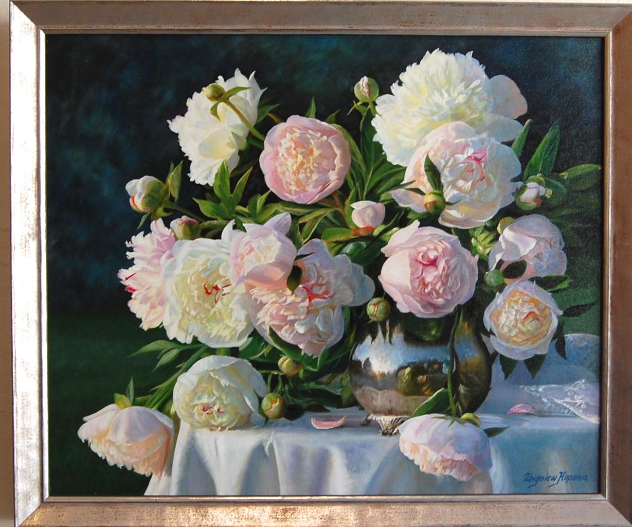 Zbigniew Kopania Still-Life Painting -  Still Life Peonies in a Silver Vase Contemporary Realism