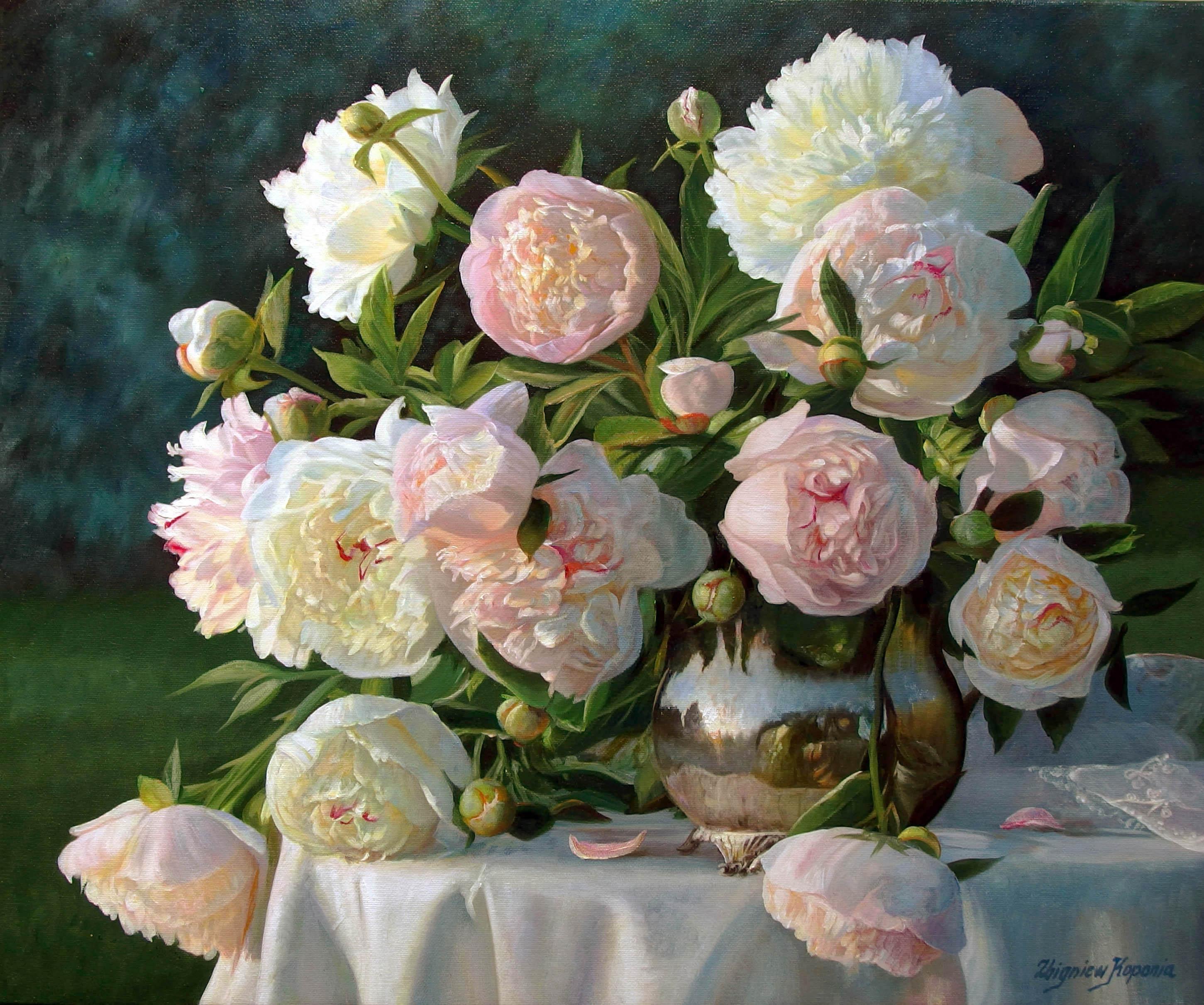  Still Life Peonies in a Silver Vase Contemporary Realism - Painting by Zbigniew Kopania