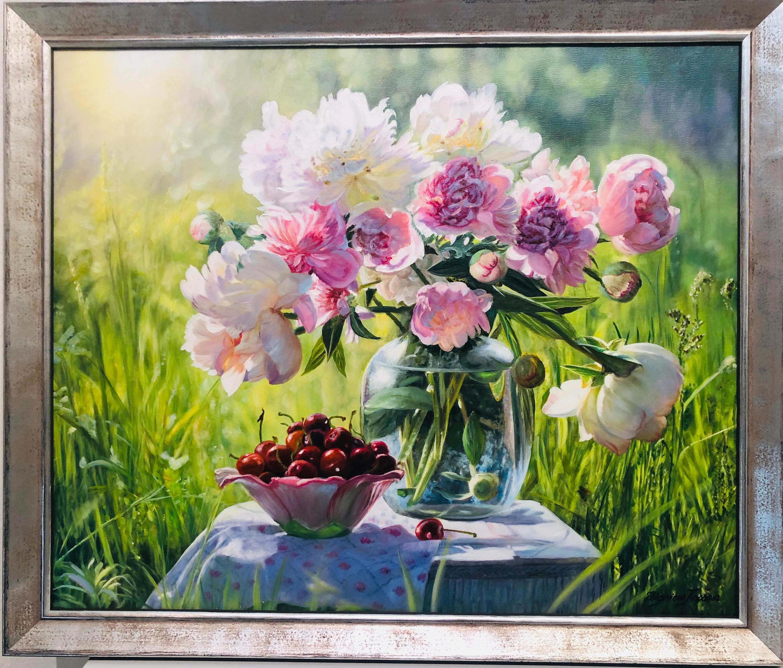 Zbigniew Kopania Still-Life Painting -  Peonies With Cherries Still Life Oil Painting