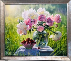  Peonies With Cherries Still Life Oil Painting