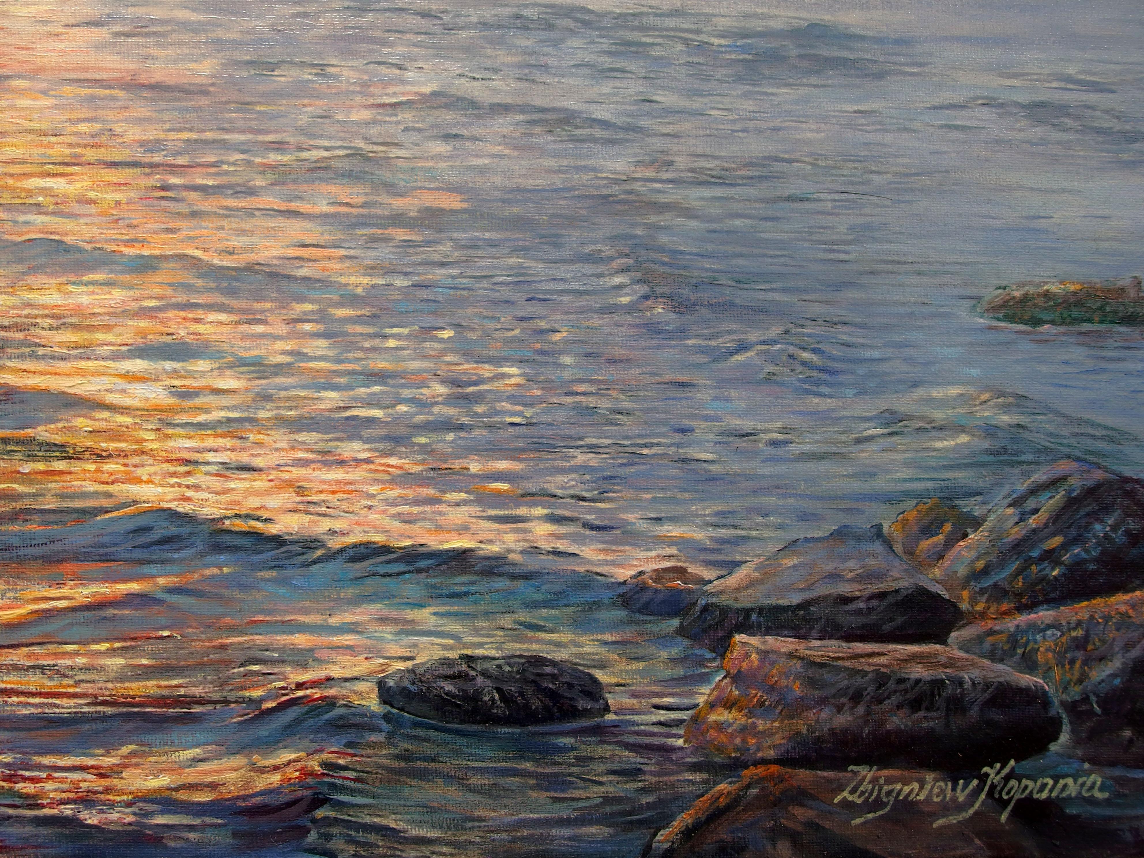 Warm Sonnenuntergang Meereslandschaft Gemälde (Braun), Landscape Painting, von Zbigniew Kopania