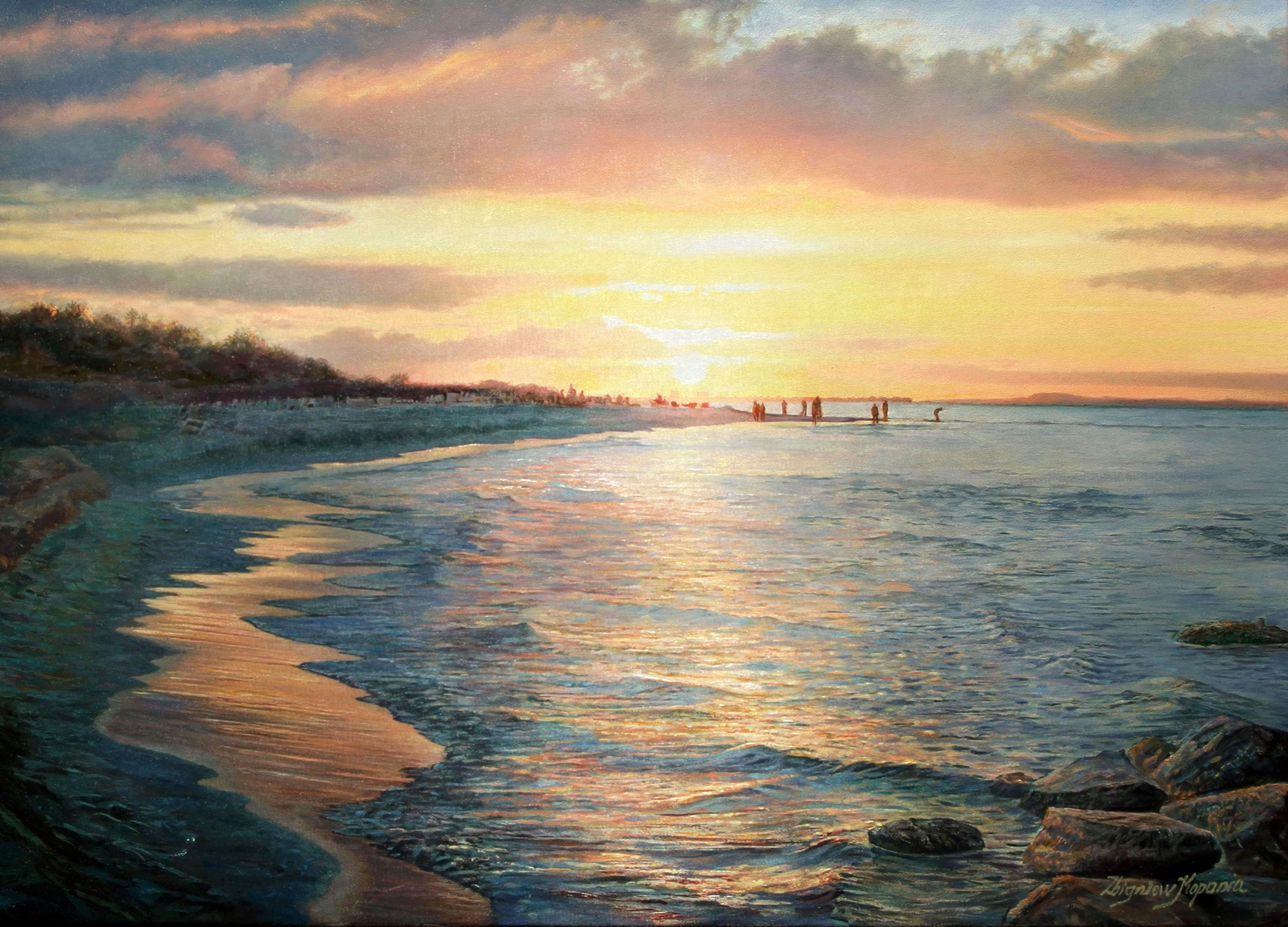 Warm Sonnenuntergang Meereslandschaft Gemälde – Painting von Zbigniew Kopania