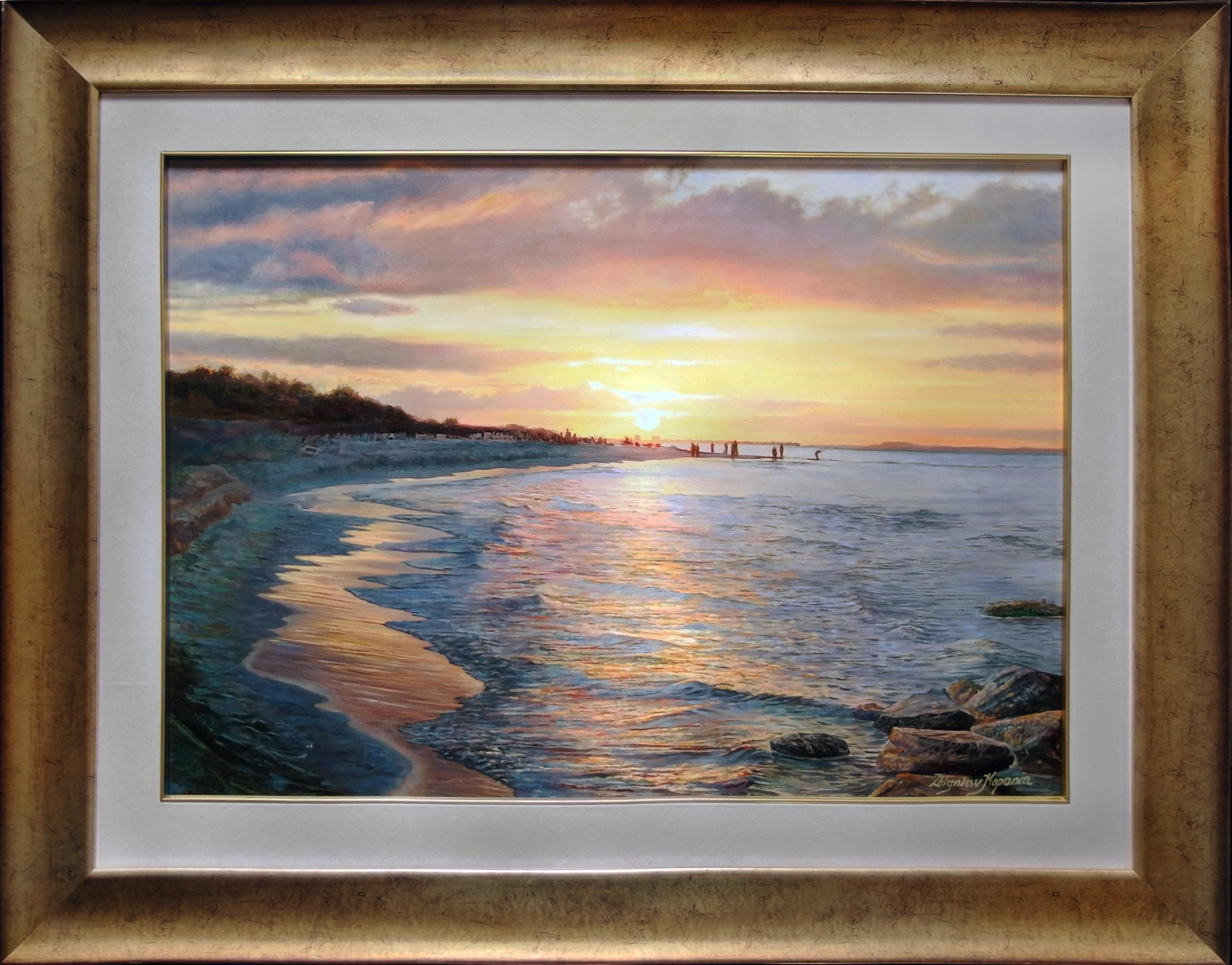 Zbigniew Kopania Landscape Painting – Warm Sonnenuntergang Meereslandschaft Gemälde