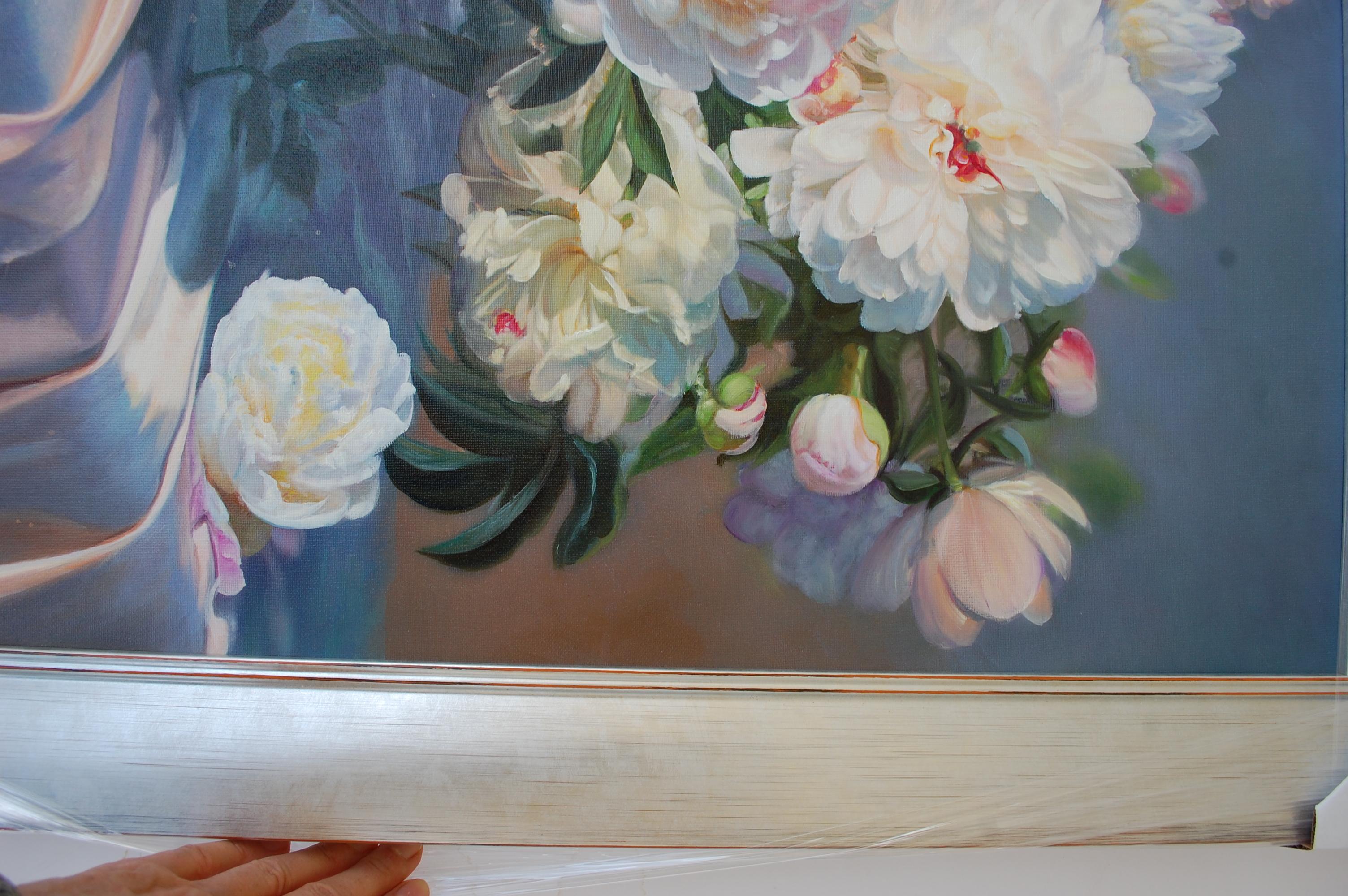  Peonies In A Silver Vase Still Life Oil Painting For Sale 7