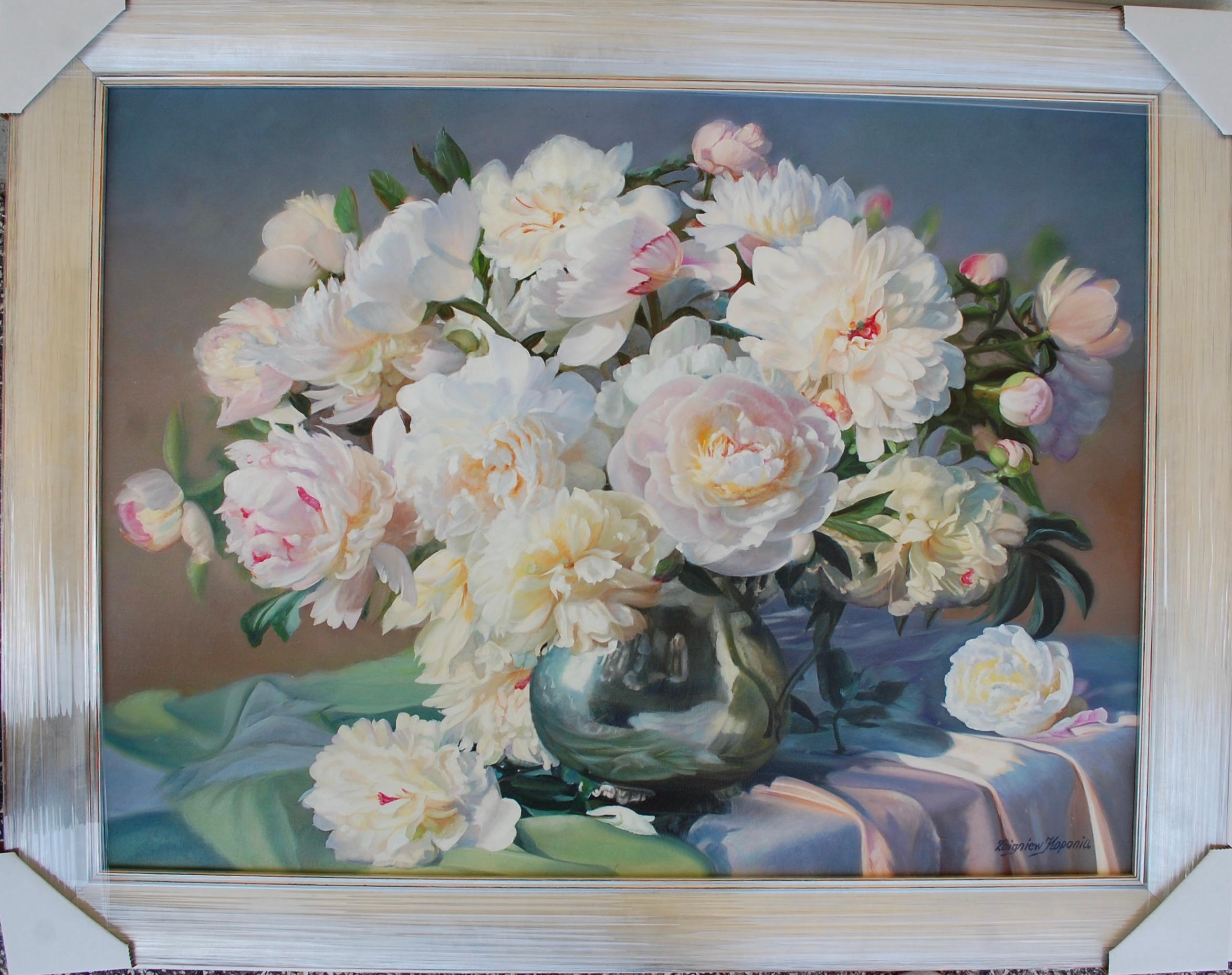  Peonies In A Silver Vase Still Life Oil Painting For Sale 6