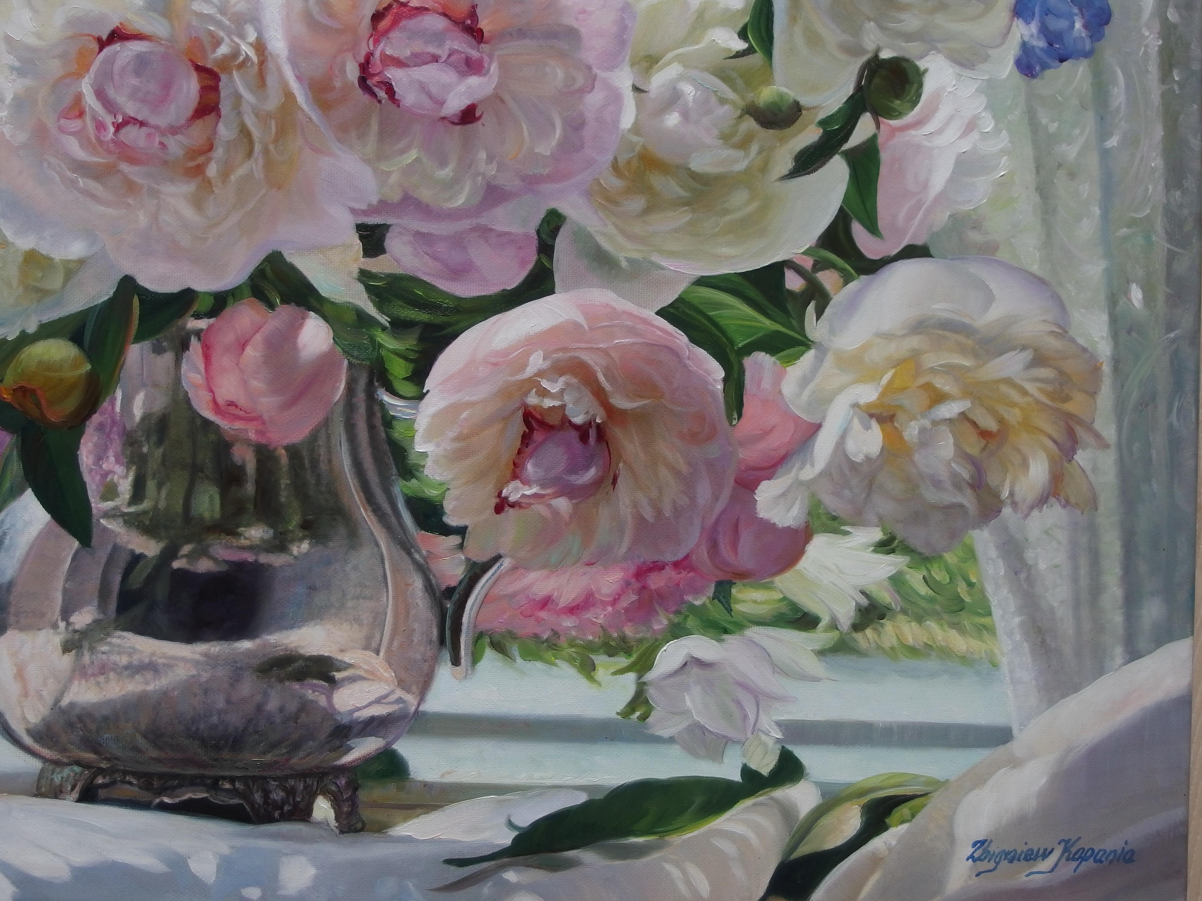 White And Pink Peonies in The Window - Painting by Zbigniew Kopania