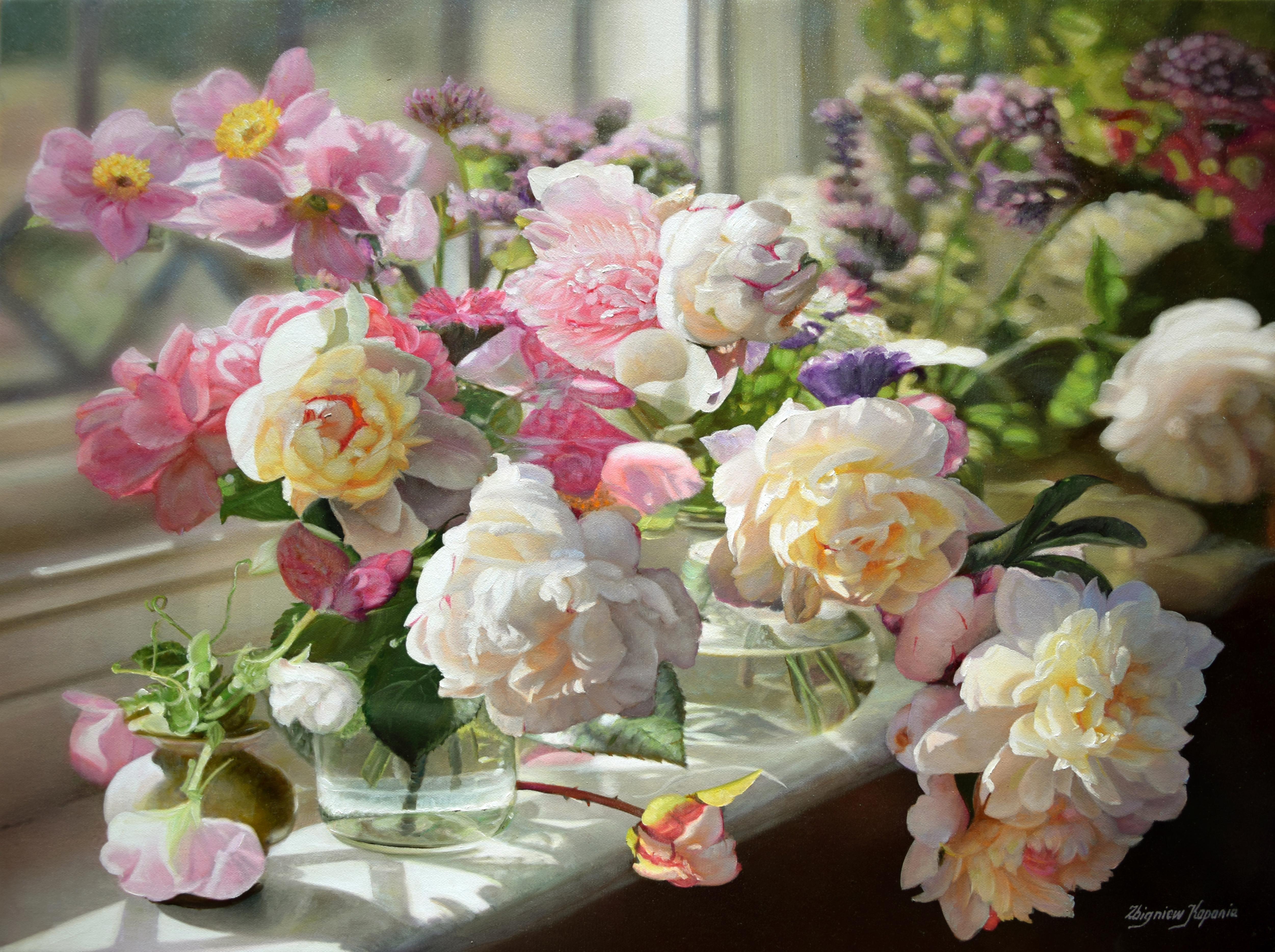 Zbigniew Kopania Still-Life Painting - Window Full Of Flowers Oil On Canvas
